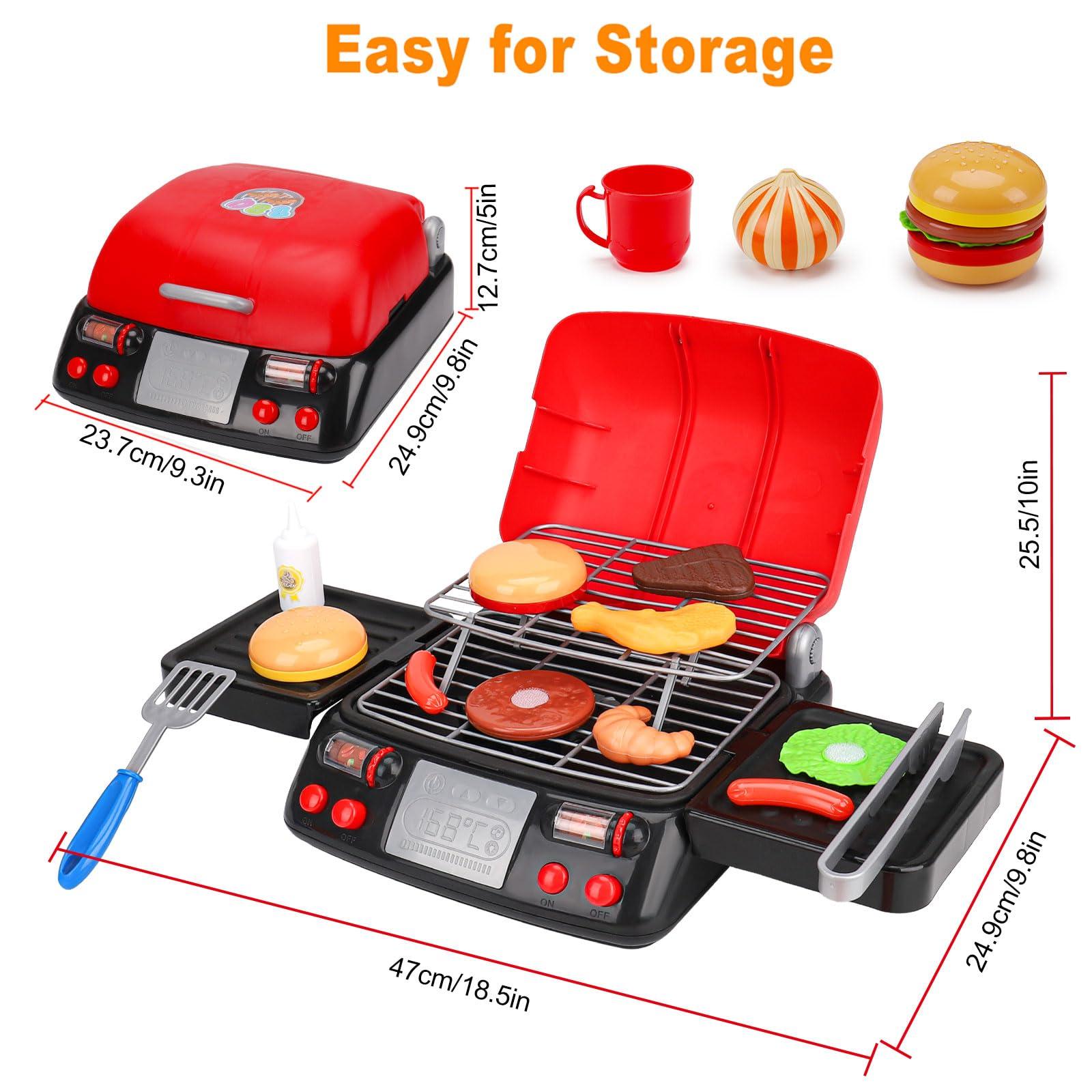 AugToy Kids Play Food Grill with Pretend Smoke Sound Light Kitchen Playset BBQ Accessories Camping Cooking Set Barbecue Toddler Girl Boy Toy 2 3 4 5 6 Year Old 4-8 Birthday Kid Toy Idea