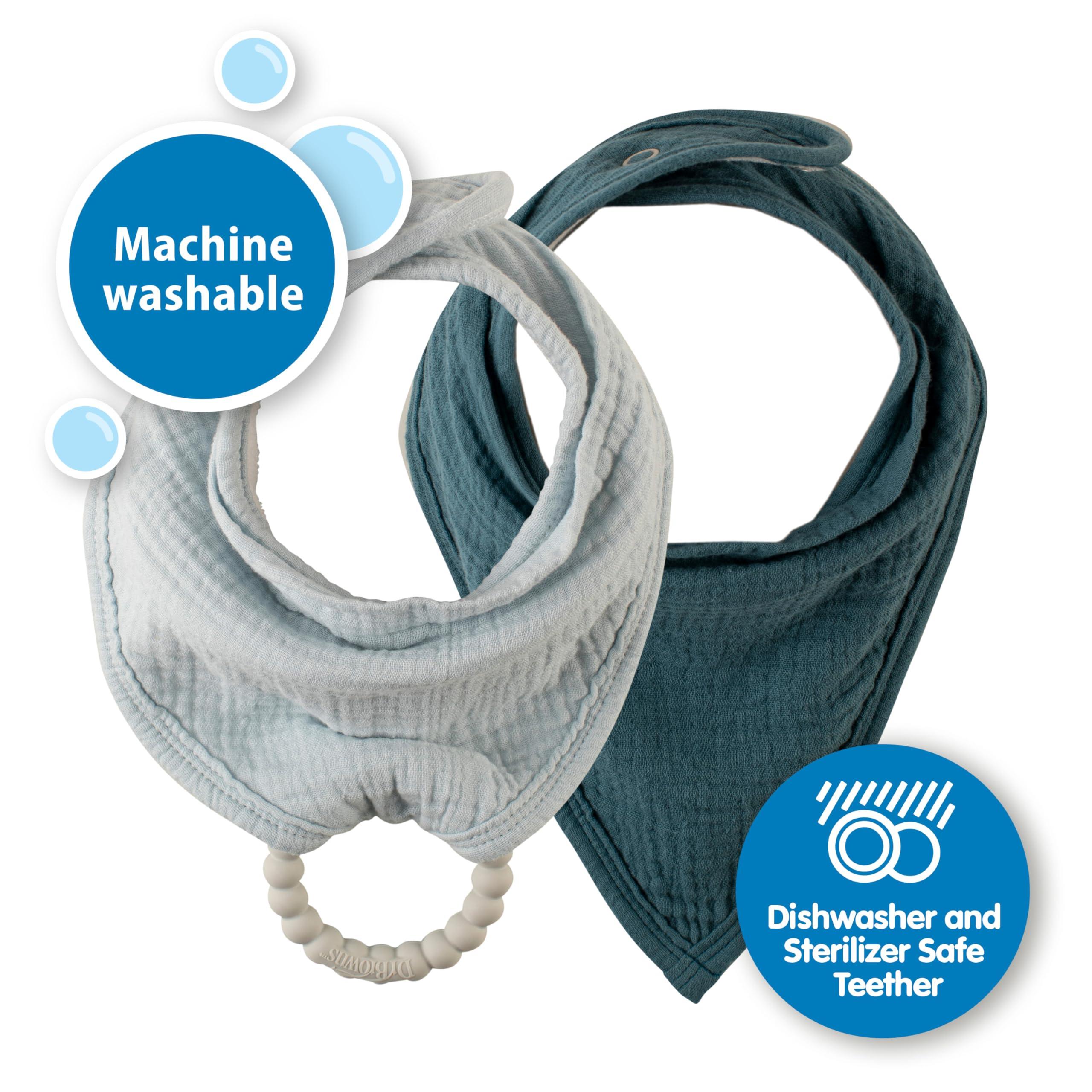 Dr. Brown\'s Dr. Brown's Muslin Bandana Bibs with Snap-On Removable Beaded Teether, Cotton Baby Bib for Teething & Drooling, Light Blue/Teal, 3m+, 2 Pack