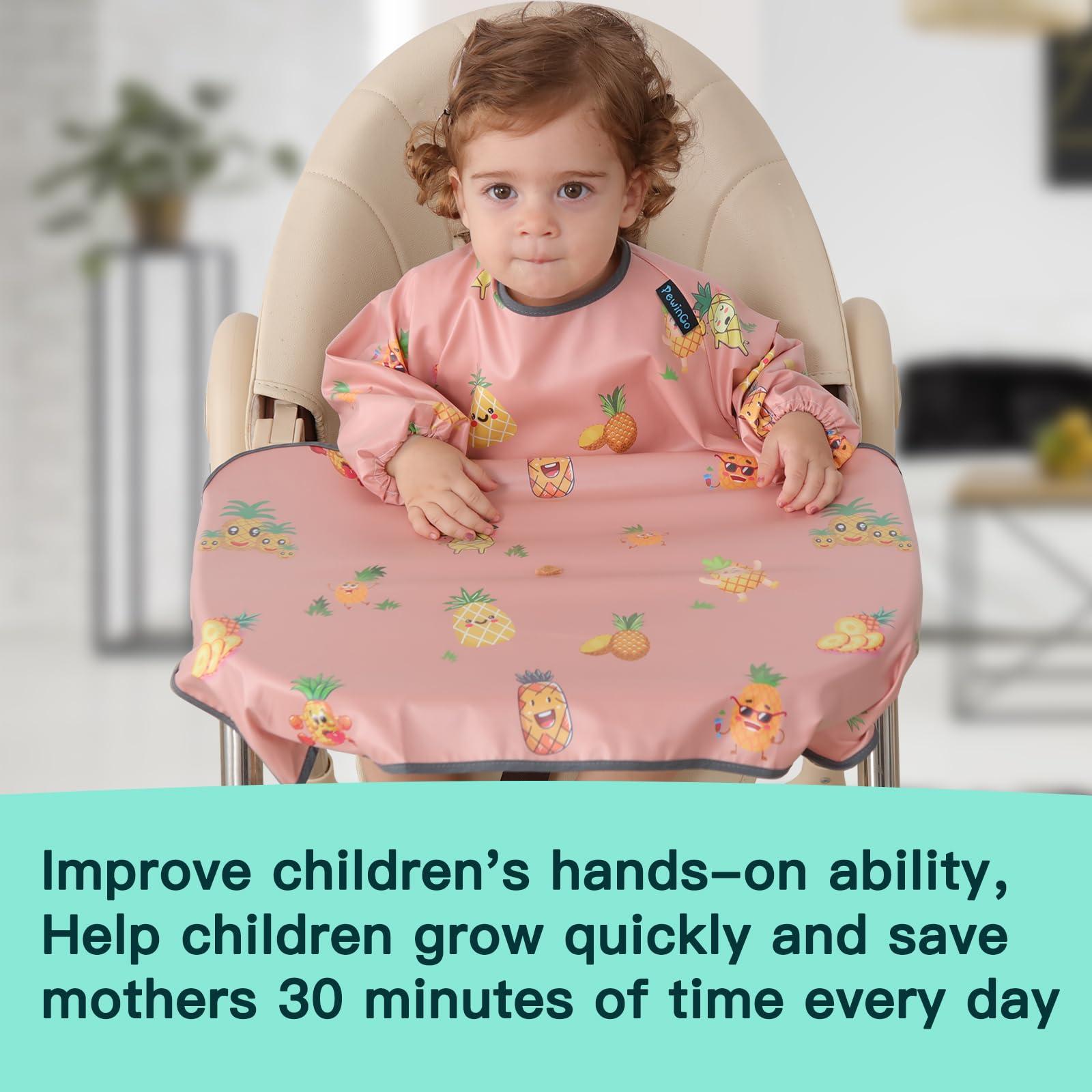 PewinGo PewinGo Weaning Bib & BLW Attaches and Fully Cover to Baby Highchair, Long Sleeves Bib with Waterproof, Machine Washable & Comfortable,Easy to Clean, Suitable for Baby Infant-Pink