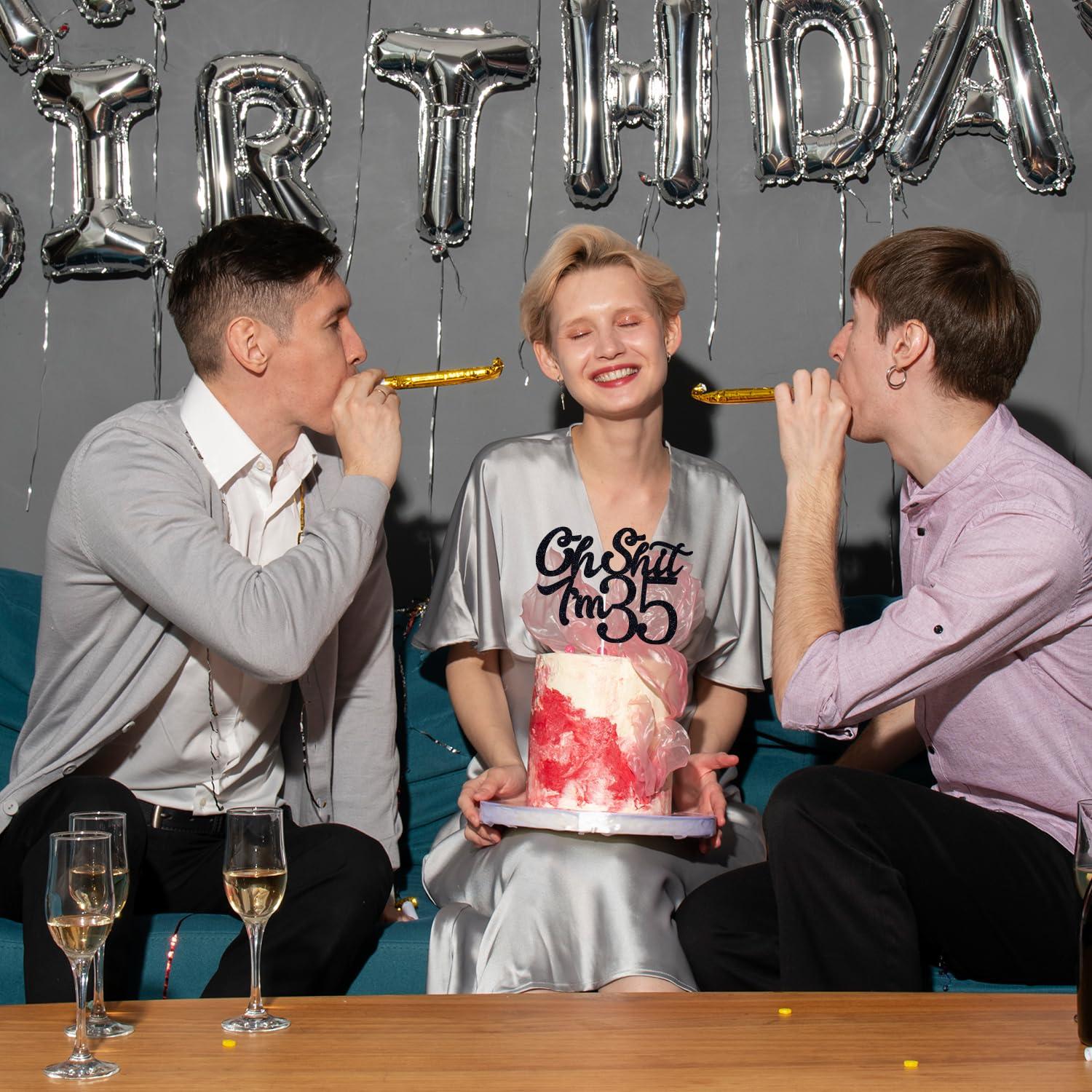 We Can Bearly Wait Black Glitter Oh Shit I\'m 35 Cake Topper, Happy 35th Birthday/Holy Shit You\'re 35/Thirty Fucking Five, Funny 35th Birthday Party Decorations Supplies