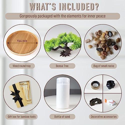 Timani Japanese Zen Garden for Desk - Zen Garden Sand Kit, Artificial Bonsai Tree, Rakes & Accessories - Japanese Decor Office Home Desktop Relaxation Sandbox Decor. 9.5\" Inches Wooden Round Tray