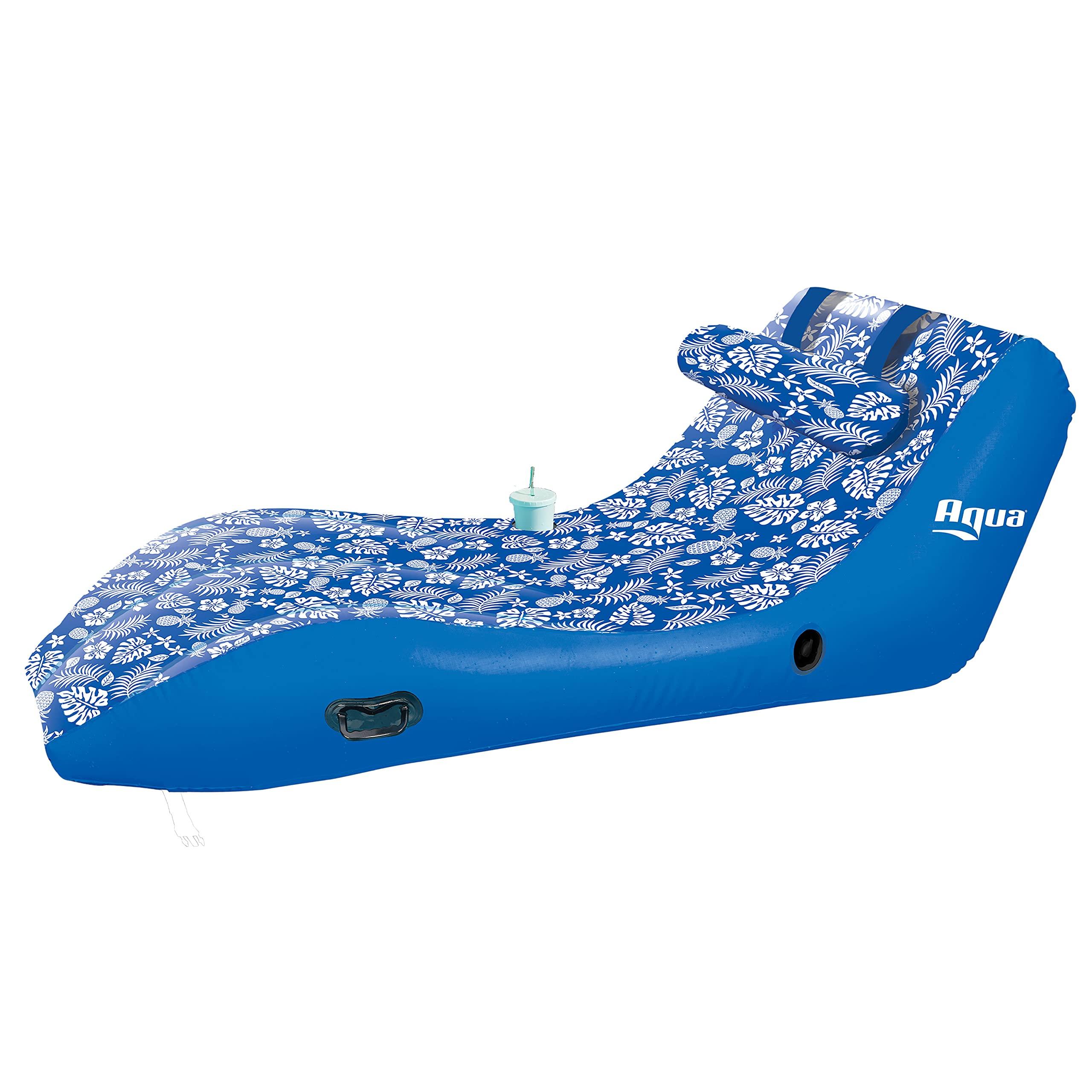 Aqua LEISURE Aqua Ultra-Comfort Floating Pool Chair & Lake Raft with Pillow 1-Person Heavy Duty Pool Float, Lake Floating Chair Blue Pineapple Hibiscus