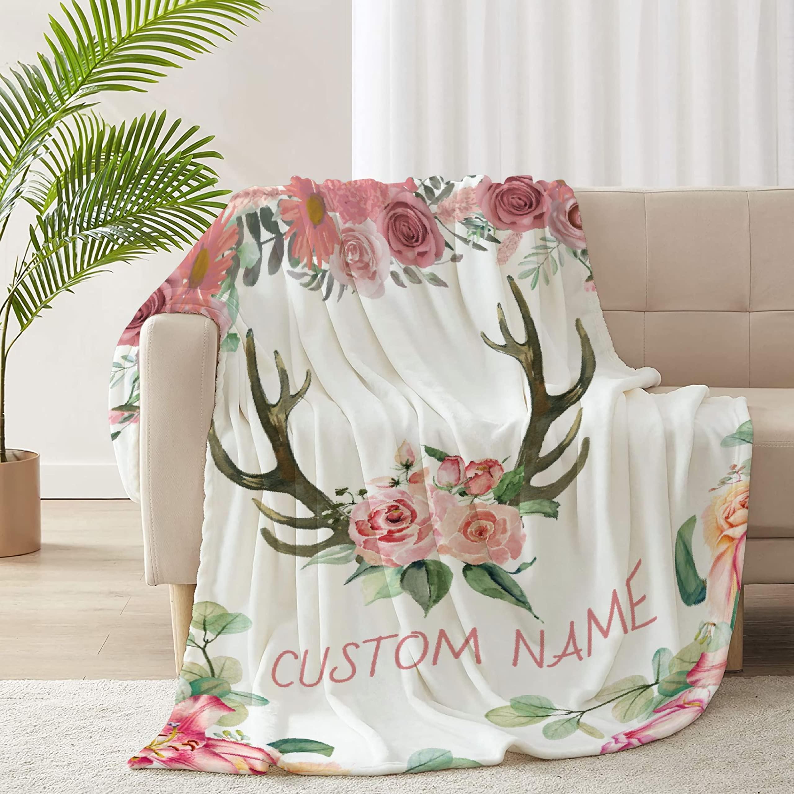 Bhaisajyaguru Personalized Custom Baby Blanket with Name Deer Horns Floral Pink Customized Fleece Blanket for Girls Boys Children Kid Baby Shower Birthday Gift for Daughter Granddaughter Niece 80"x60" for Adult
