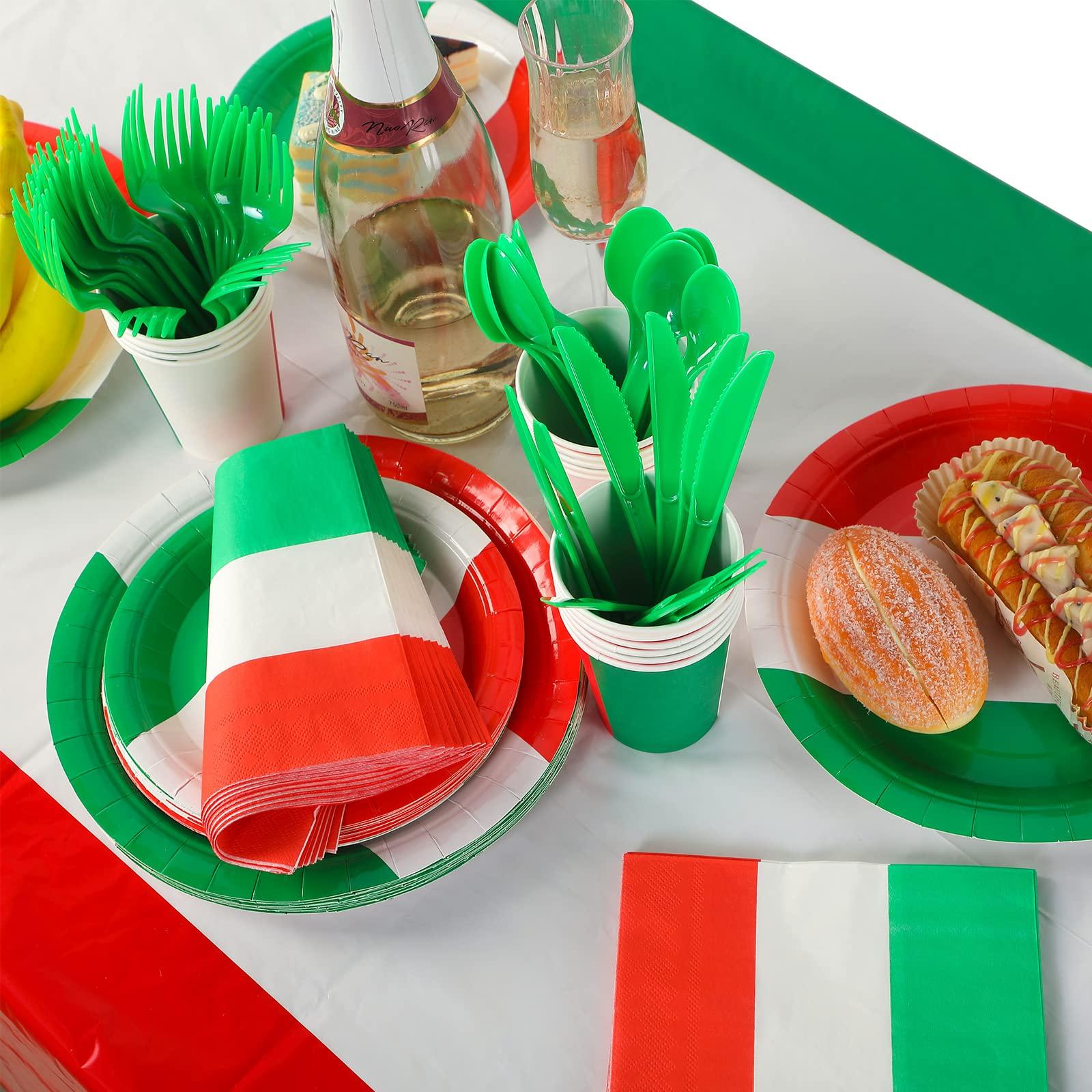 Oudain Oudain 162Pcs Italian Dinner Party Decorations 2 Italian Flag Rectangular Tablecloth Mexican Flag Decorations Italian Themed Tableware Red White and Green Party Decorations Italian Dinner Plates Set