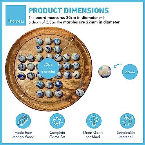Thorness 30cm Diameter WOODEN SOLITAIRE BOARD GAME with JELLYFISH GLASS MARBLES | classic wooden solitaire game | strategy board game | family board game | games for one | board games