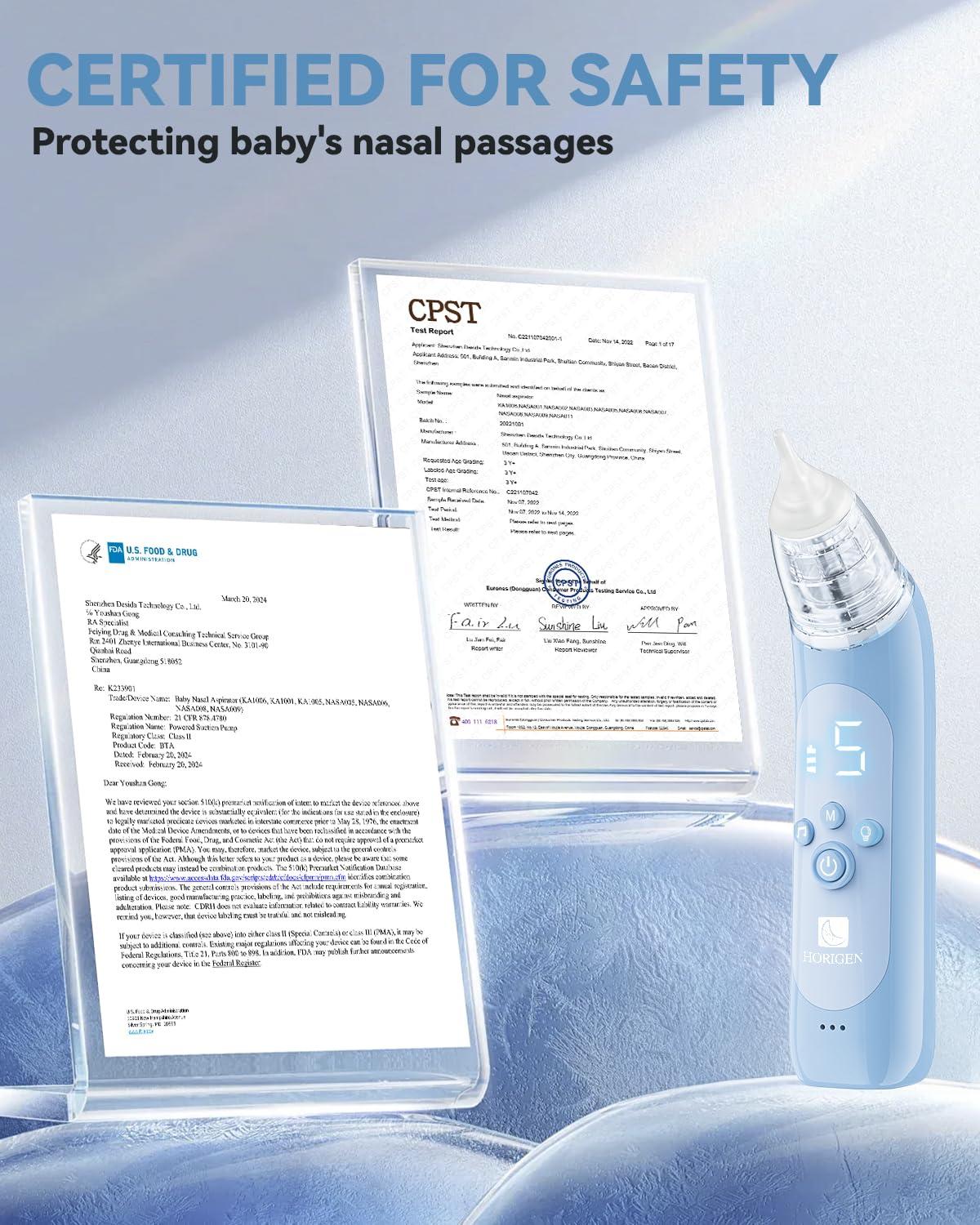 HORIGEN Nasal Aspirator for Baby, Electric Baby Nose Suction with 5 Adjustable Levels Suction, USB-C Rechargeable Mucus Cleaner with Lights and Music, Baby Nasal Aspirator for Toddler with 3 Silicone Tip