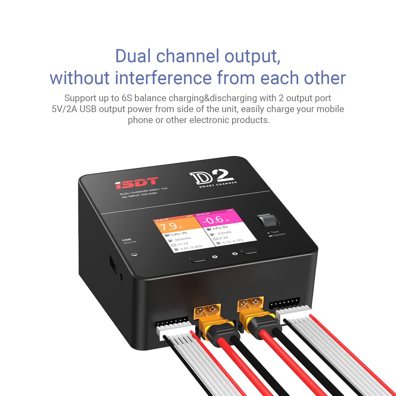 ISDT ISDT lipo Battery Charger D2 MK2 with AC 2x200W Dual Output Mode,Hobby Smart Lipo Charger Discharger for 1-6S Li-ion Life NiCd NiMH LiHV PB Smart Battery