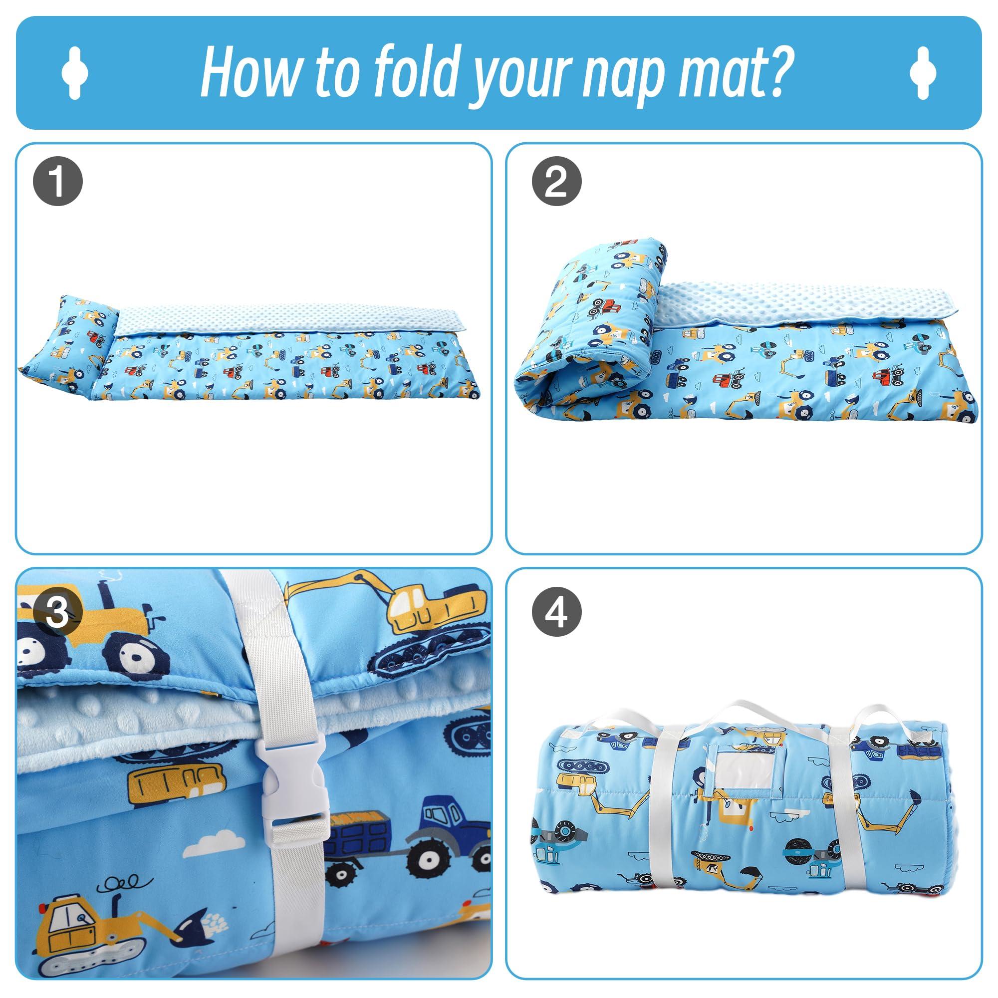 Bunnikins & Clover Bunnikins & Clover Toddler Nap Mat with Removable Pillow & Minky Blanket, Roll Up Nap Mats for Preschool, Soft Kids Sleeping Mat for Boys Girls Kindergarten Daycare