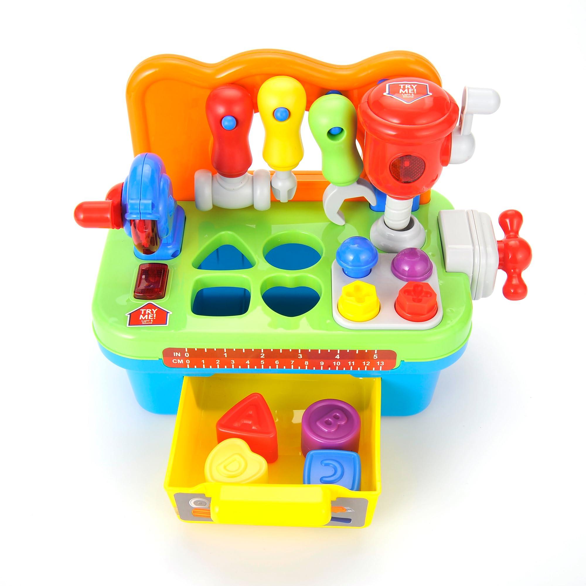 PowerTRC Toddler Tool Bench Toys for 1 Year Old Boy, Kids Tool Bench Toys for Toddlers 1-3, Multifunctional Early Learning Tool Toy Baby Workbench Toy with Light & Sound, Baby Tool Set with Shape Sorter