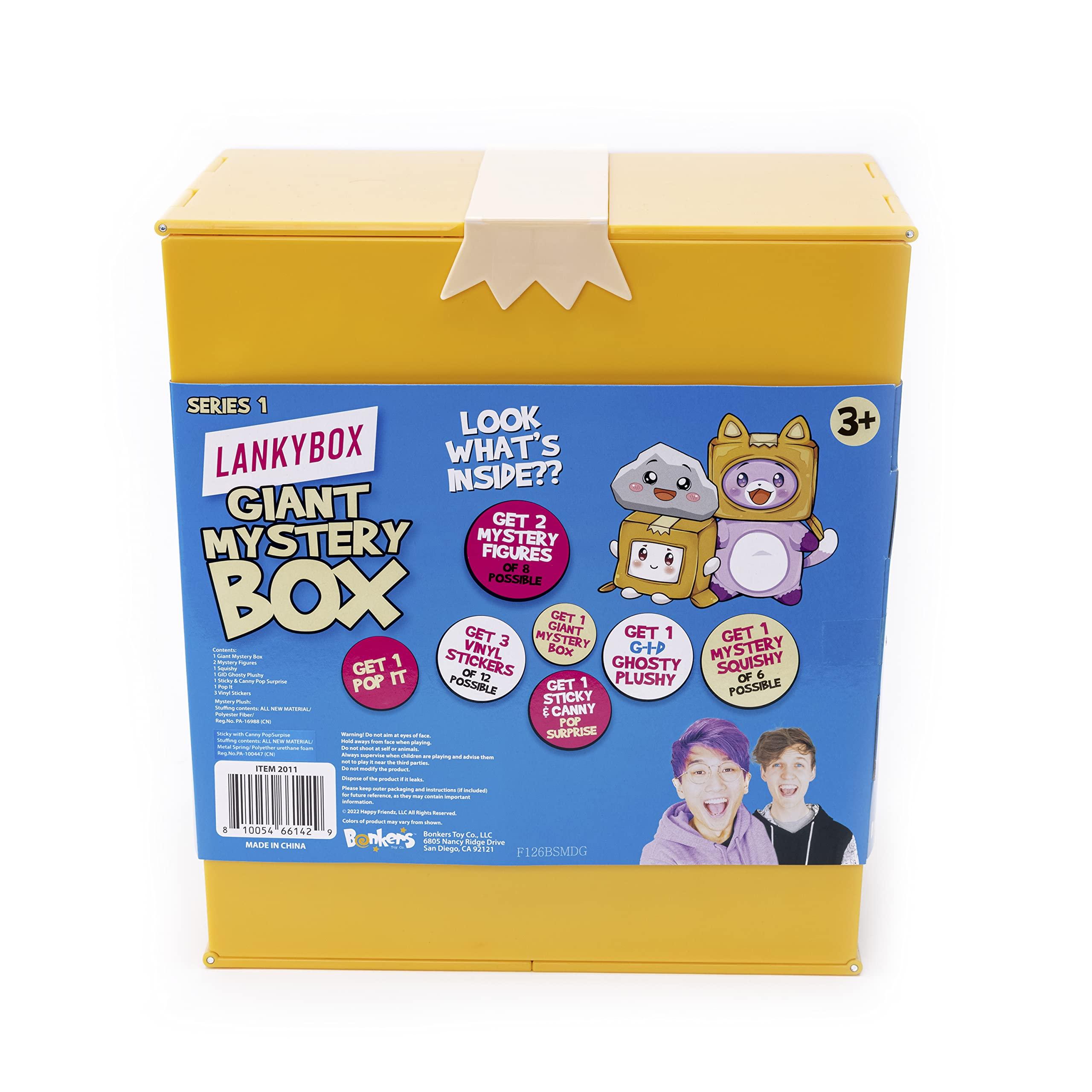 LankyBox LankyBox Giant Mystery Box: Wearable Boxy case, 2 Figures, one 6 Glow-in-The-Dark Plush, a Squishy , pop-it Fidget Toy, Canny with pop-Out Sticky, and 3 Stickers