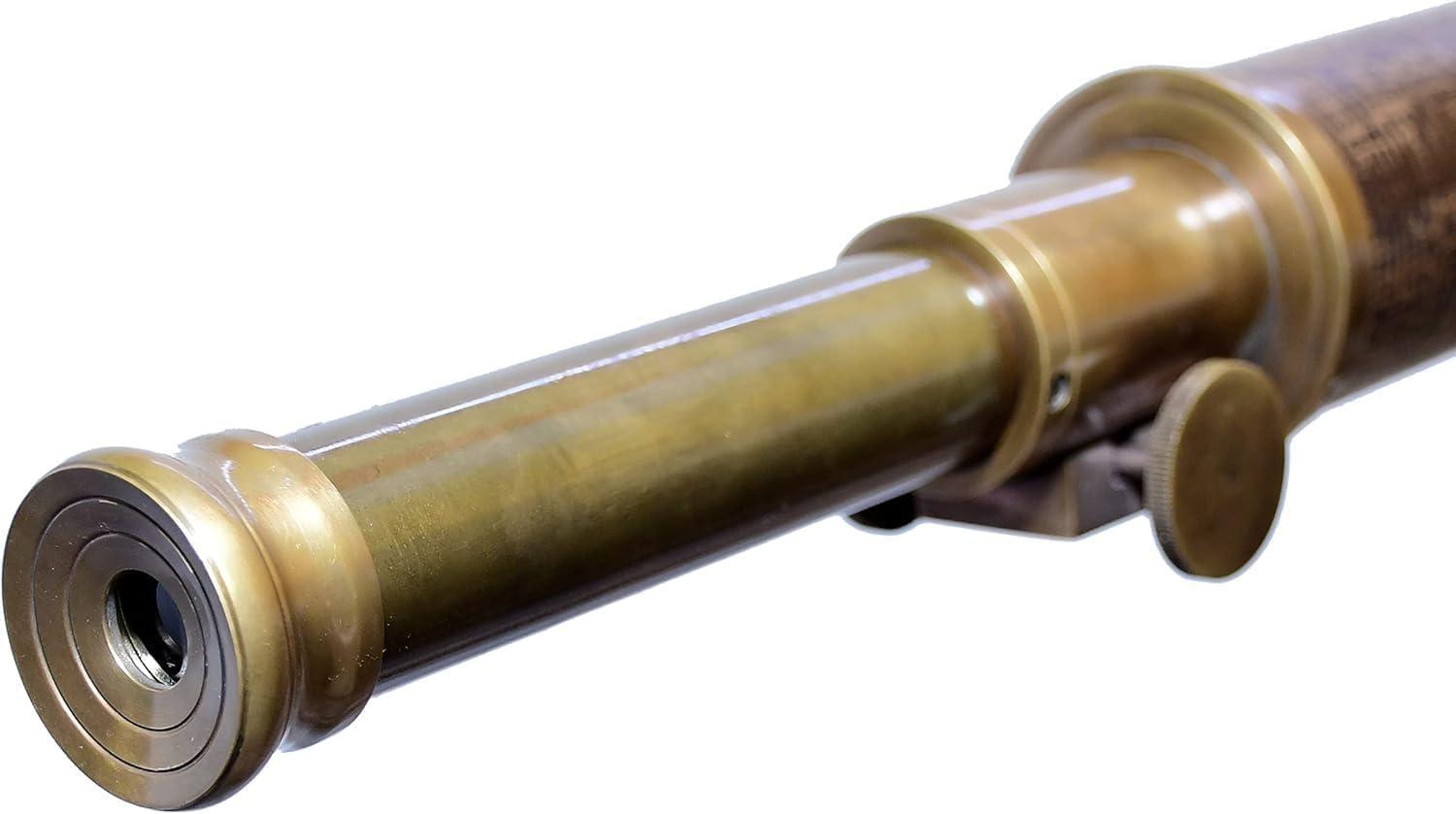 Antiqueex Single Barrel Antique Brass Telescope Beautiful Wooden Floor Standing Tripod Maritime Spyglass Brown Leather