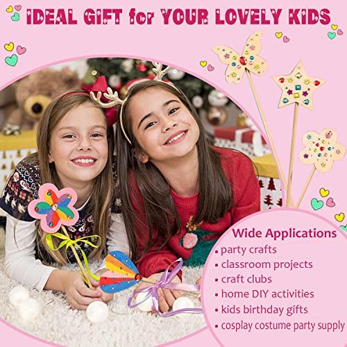 WUBOMJIO WUBOMJIO Princess Fairy Wands Craft Kit, Kid Birthday Party Supplies Make Your Own Magic Wands Include Unfinished Wooden Fairy Wands, Gem Stickers, Ribbons, Ideal Gift for Kids 6+(14 PCS)