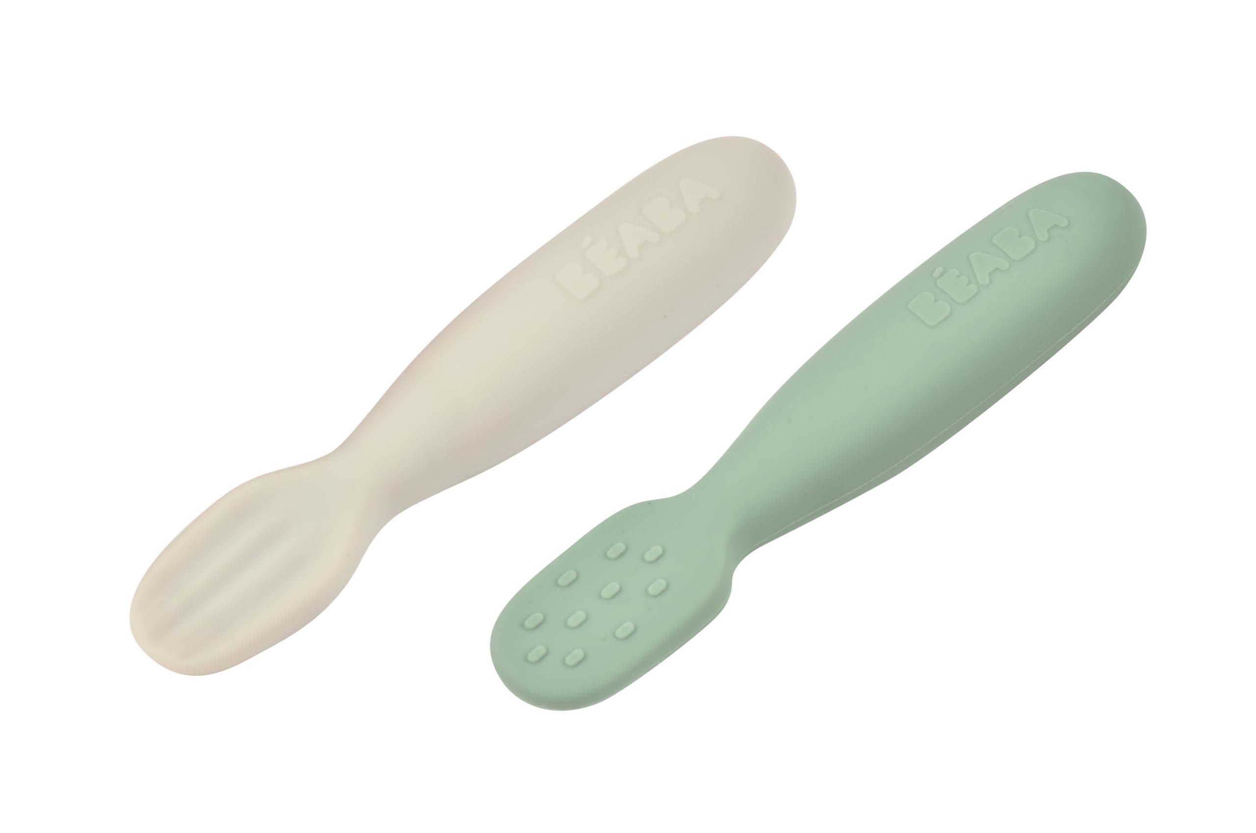 Baba BEABA Set of 2 Silicone Pre-Spoons, For Babies 4-8 Months, Ultra-Soft Silicone Spoons to Help with Self Feeding, Designed with Specialist, Baby Utensils, Sage/Grey