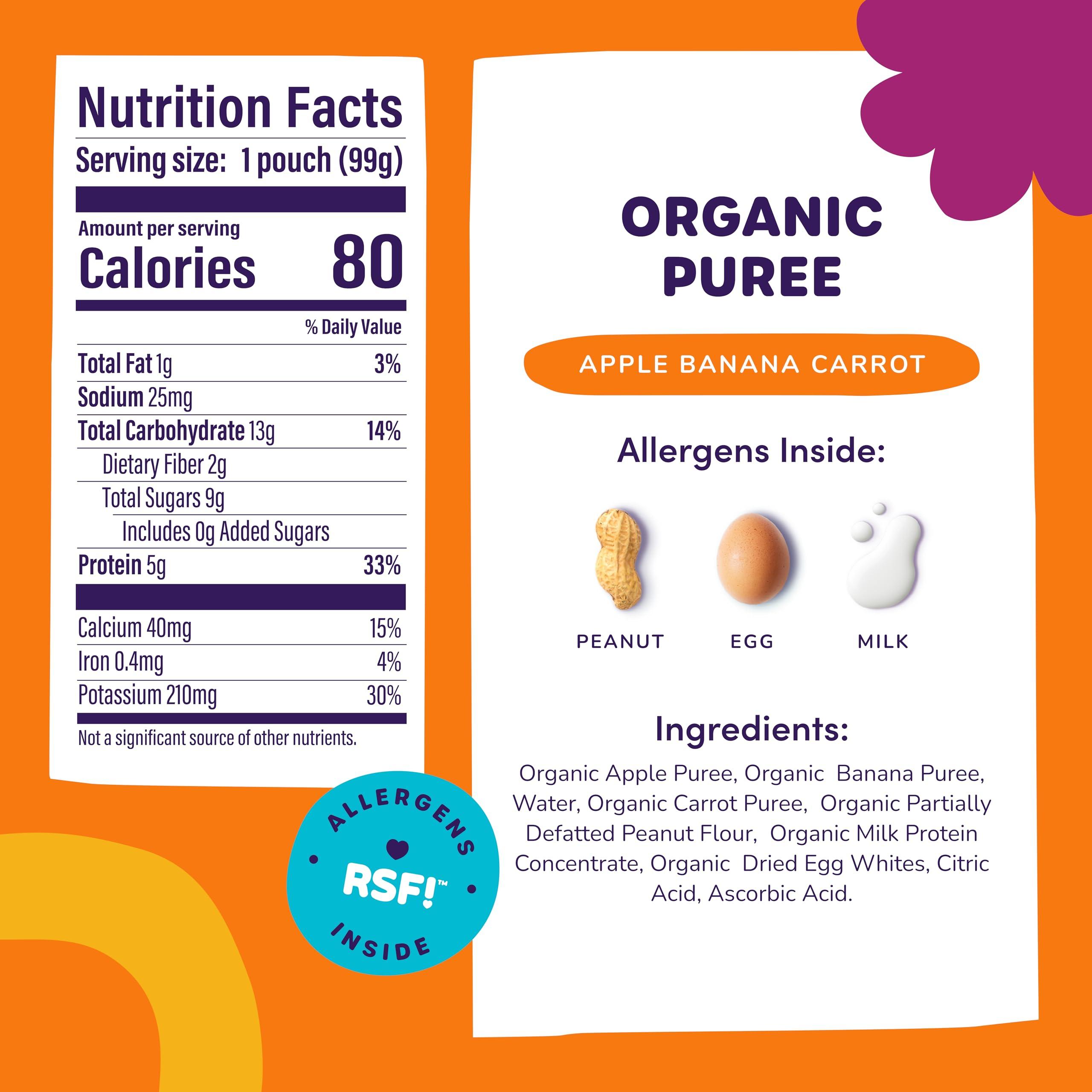 Ready, Set, Food! Ready Set Food Organic Puree Pouch Organic Baby Food Squeeze Pouch with Top 3 Allergens for Baby Allergen Introduction, Includes Organic Peanuts, Egg, and Milk (Apple Banana Carrot, 6 count)