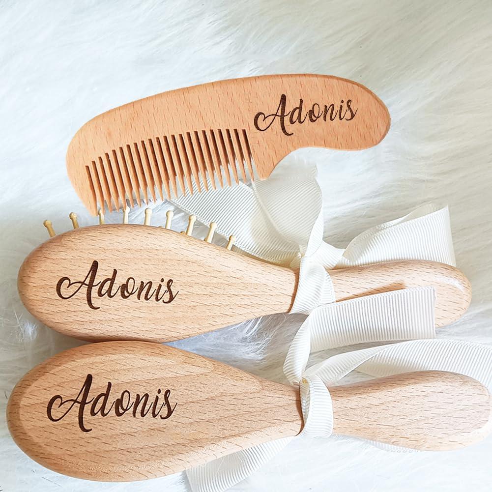 auysolty 3Pcs Custom Wooden Baby Hair Brush Set Personalized Newborn Baby Gift -Custom Name Baby Bathing Comb Bristles (Wood)