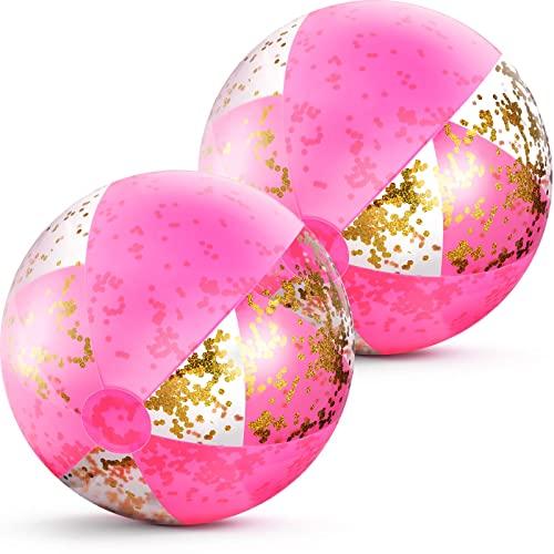 BBTO 16 Inch Inflatable Glitter Beach Ball Confetti Balls Swimming Pool Balls Pink Beach Balls for Adult Boys Girls Summer Beach Pool Play Toys Hawaii Luau Party Favor 2 Pieces