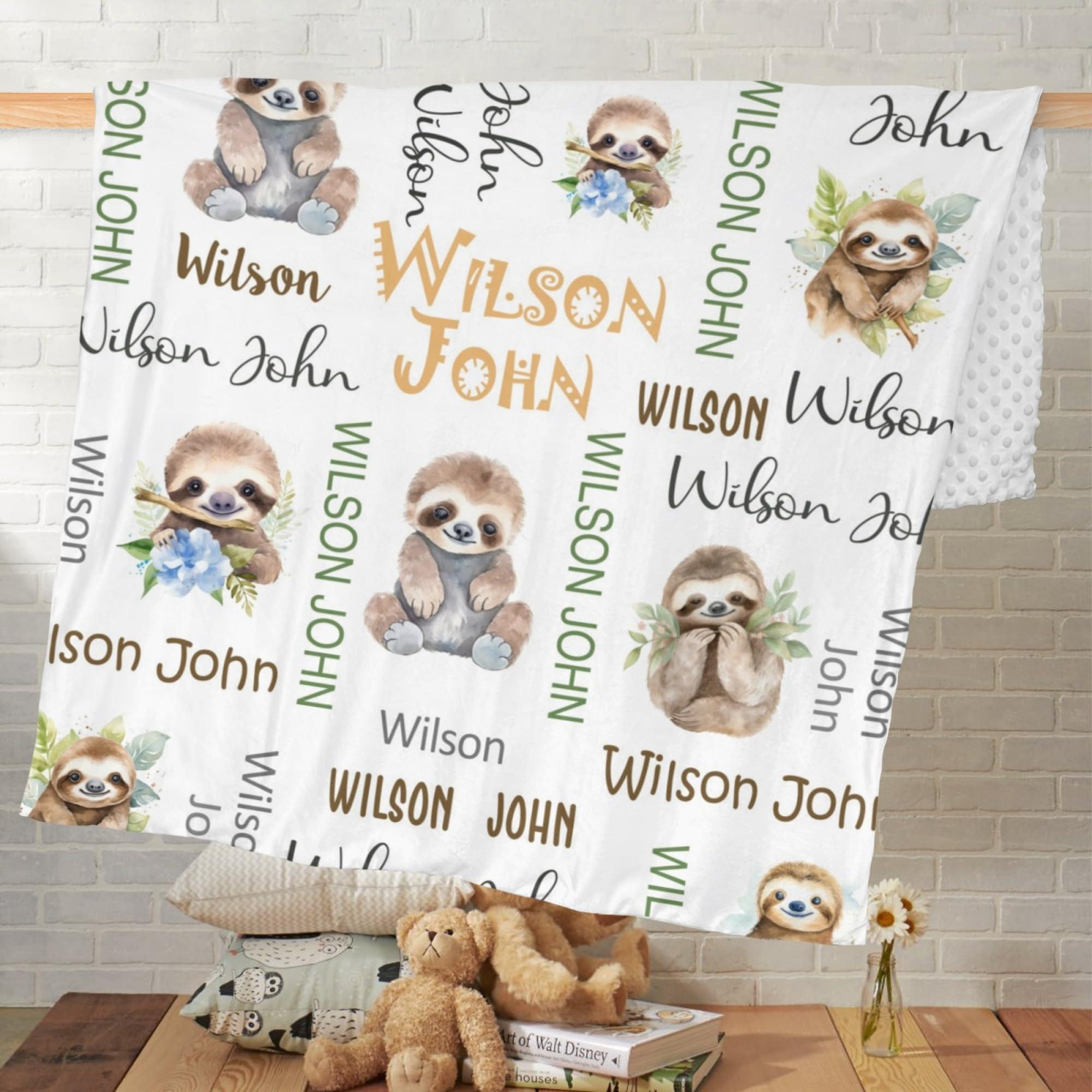 Novusopt Customized Sloth Baby Blanket with Name Double Layer Soft Plush Minky Baby Blanket Dotted Backing Personalized Baby Blankets for Girls Kids Nursery Newborn Toddler Receiving Blankets Girl