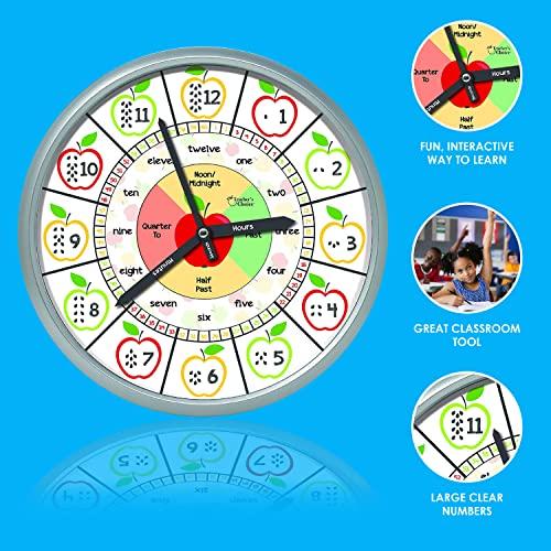 Teacher's Choice Educational Wall Clock - Silent Movement Time Teaching Clock for Teacher\'s Classrooms and Kid\'s Bedrooms (Silver/Multicolor Apple)