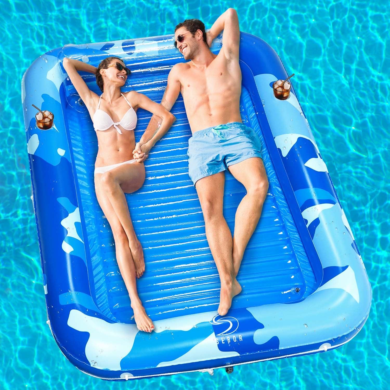 Sebor Sebor Larger Inflatable Tanning Pool Lounger Float, 76" x 47" Thicken Suntan Tub Pool Floats with Removable Backrest & Cupholder, Navy Blue (Blue, X-Large)
