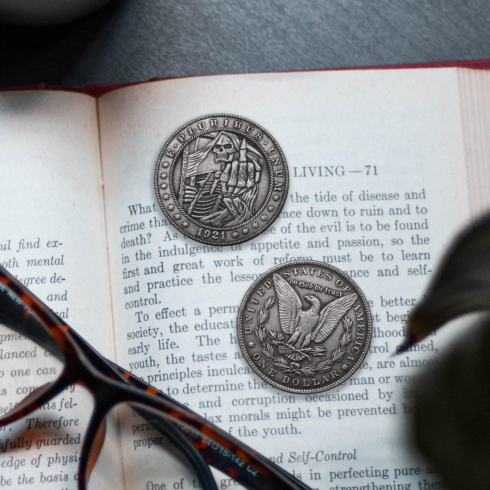 Mineo Hobo Coin Collection Challenge Coin E Pluribus Unum Art Vagrant Coins Collectible Commemorative Coin Antique Silver Plated Lucky Gift (Skull Finger-01)