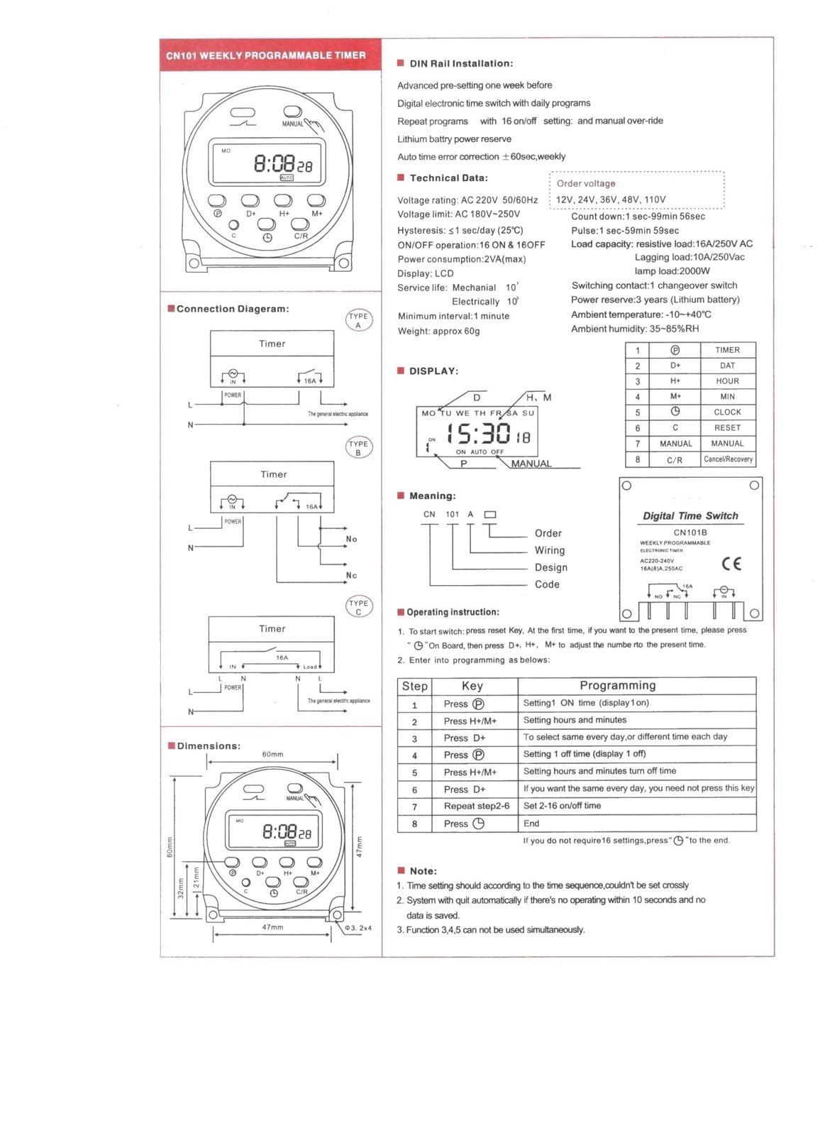 WIOSEN 1Pcs CN101A 5V 12V 24V 110V 220V Digital Timer Switch 7 Days Weekly Programmable Time Relay Programmer (Color : Ahc15a, Size : 12V)