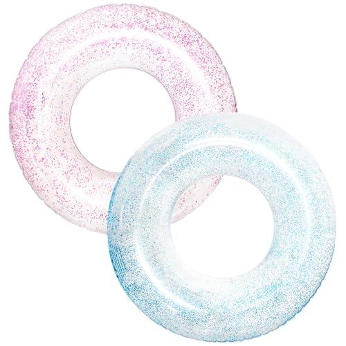 Polita Polita Pool Float, Pool Floats Kids Summer Glitter Pool Tube with Confetti,Tube Pool Toys Beach Party, Transparent Inflatable Floating Tubes for Adults and Kids (Pink+Blue)