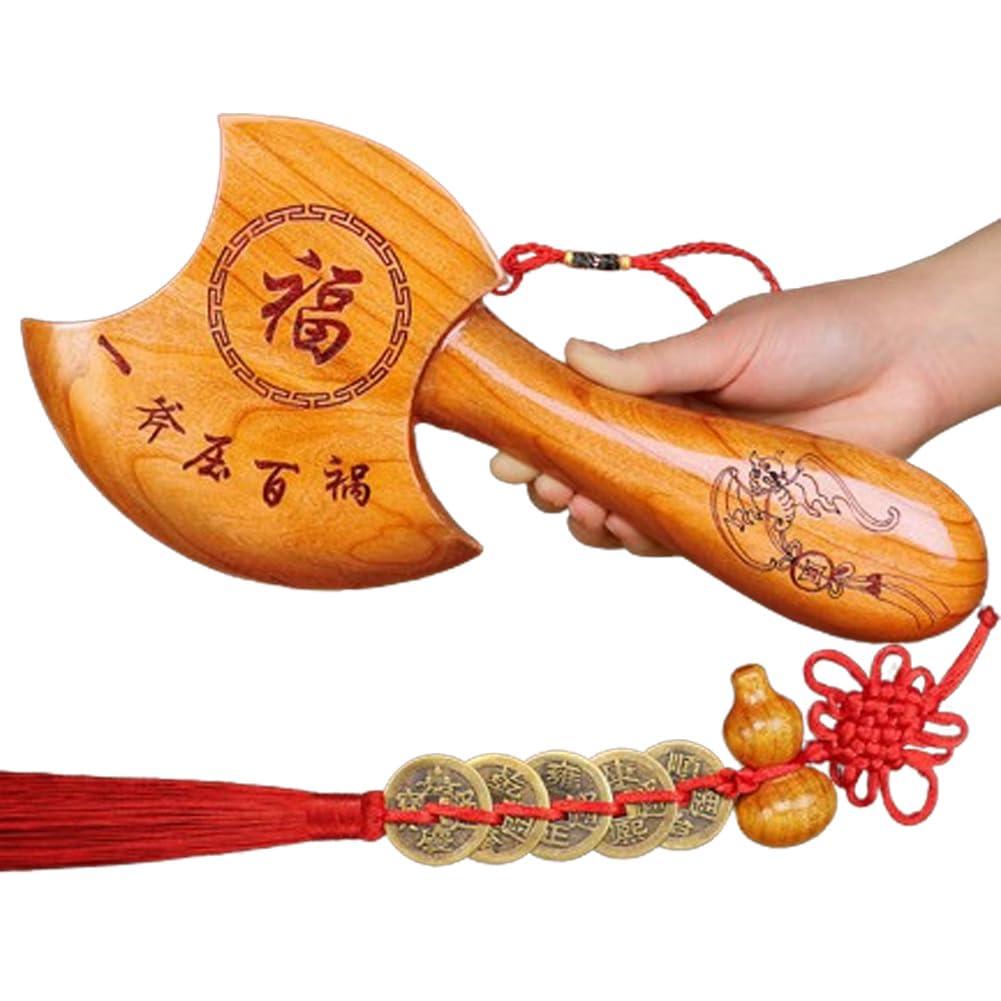 GuoCang Peach Wood Axe Sword Not CombThree SizeChinese Lucky Feng Shui Good Luck Wall Decor Hanging Modern Mini Axe Sword Pendant Tassel Necklace for Men Women Adults Kids Living Room Office Car Home (L)