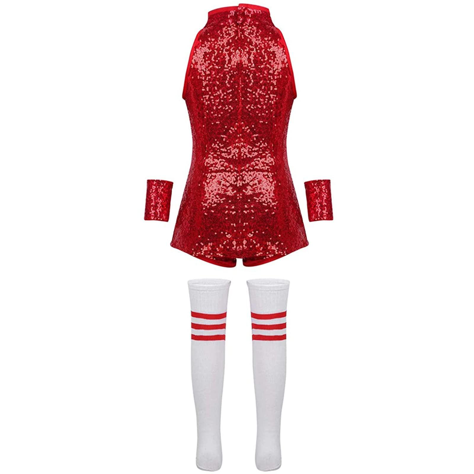 TAIKMD TAIKMD Girls Cheerleading Costumes Set Sequin Leotard Hip Hop Jazz Street Dance Suit Dress Shorts Wrist-Sleeves Socks Outfit (Red, 4-5)