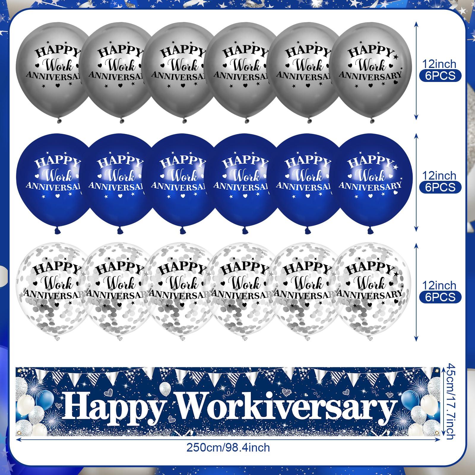 Yoirrat Happy Work Anniversary Decorations Banner Blue Happy Workiversary Banner Yard Sign with 18 Pcs Balloons for Office Anniversary Party Decoration Employee Appreciation Banner Office Party Supplies