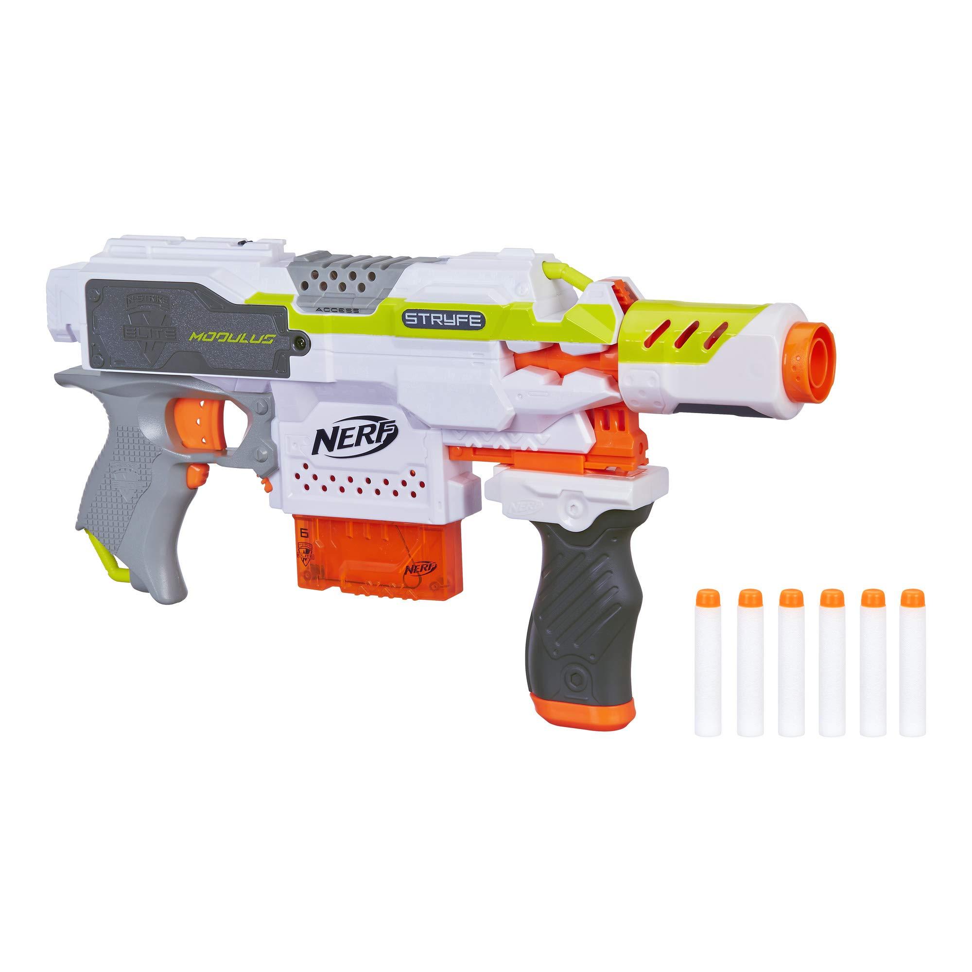 NERF Nerf Modulus Stryfe Motorized Blaster - Fires 6 Darts in a Row - Includes Drop Grip, Barrel Extension, 6-Dart Clip, 6 Nerf Elite Darts (Amazon Exclusive)
