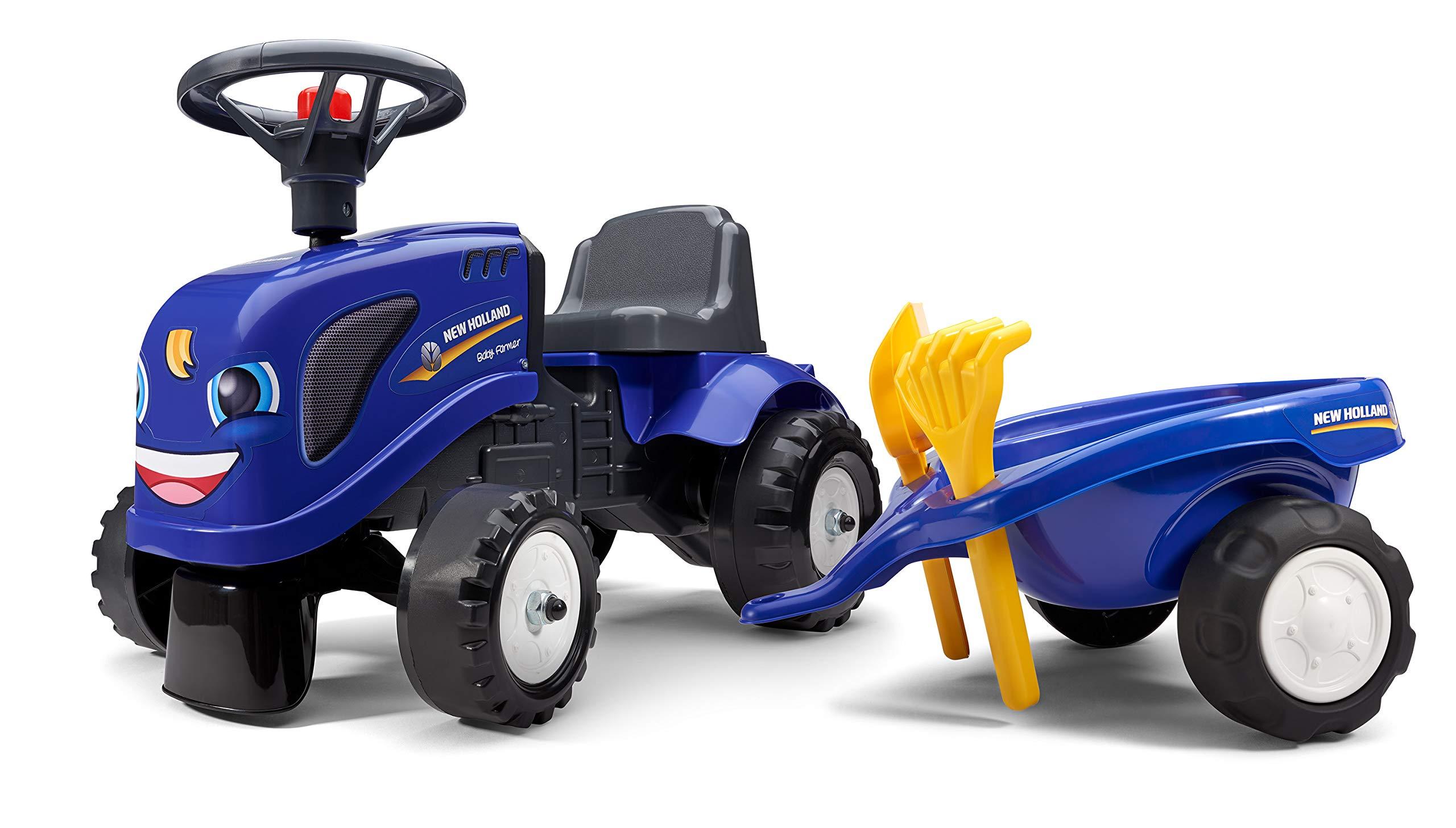 Falk Falk New Holland Tractor with Trailer, Rake and Shovel, 2 Sets of Stickers, Push Ride-On Toy for Toddlers +1 Year FA280C