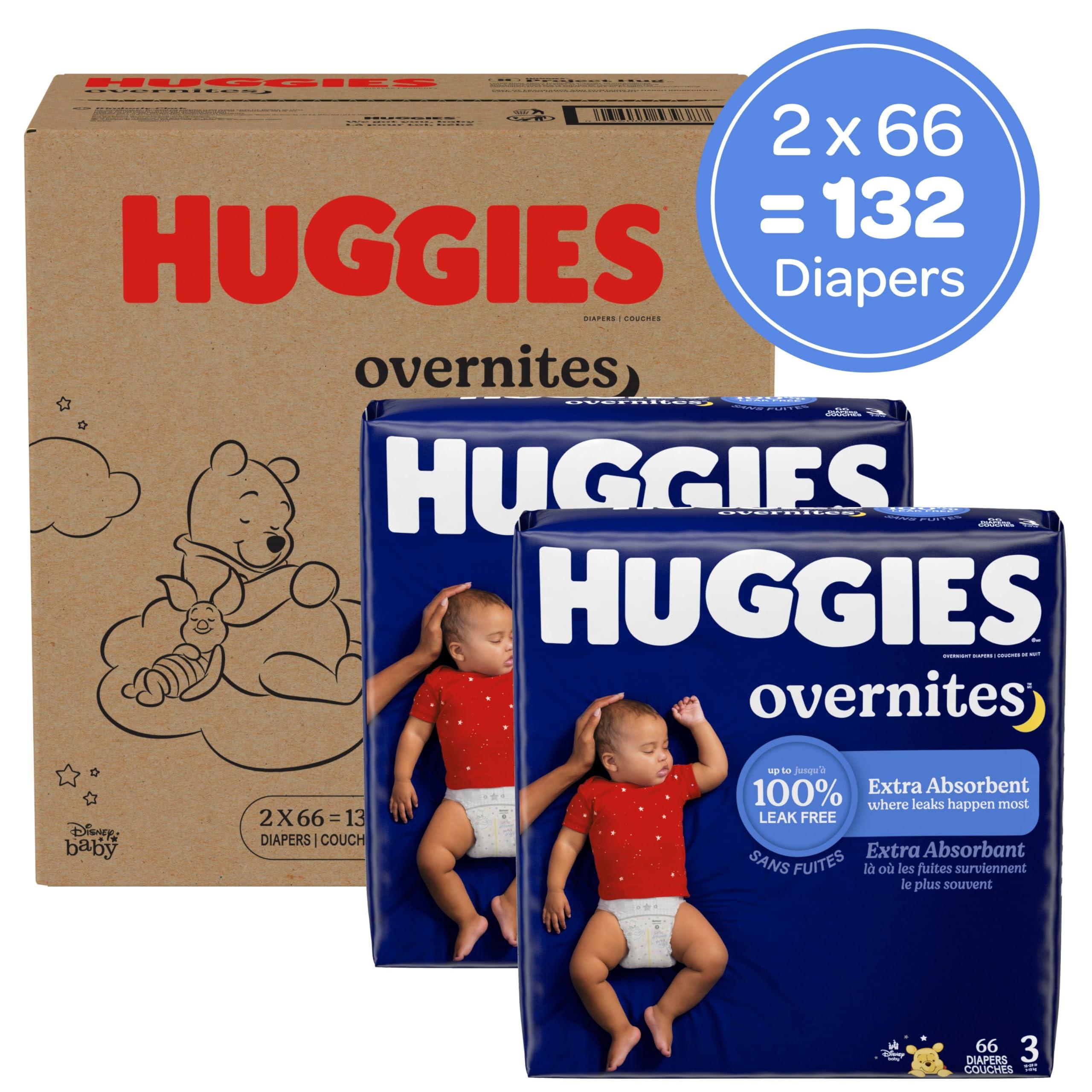 HUGGIES Huggies Size 3 Overnites Baby Diapers: Overnight Diapers, Size 3 (16-28 lbs), 132 Ct (2 Packs of 66)