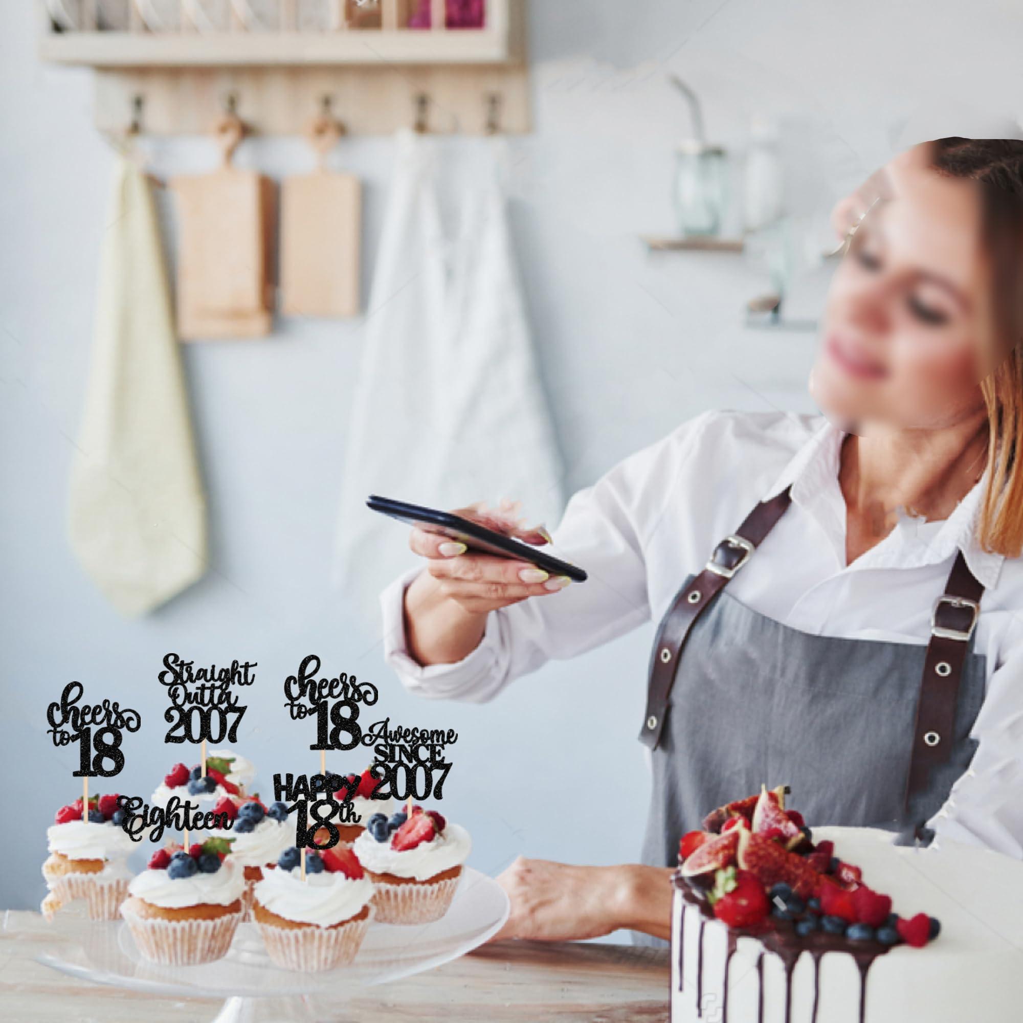 YCTHUNFISH 30 Pack 18th Birthday Cupcake Toppers Glitter Straight Outta 2007 Happy 18th Eighteen Awesome Since 2007 Cupcake Picks 18 Fabulous Cake Decorations for 18th Birthday Wedding Anniversary Party Black