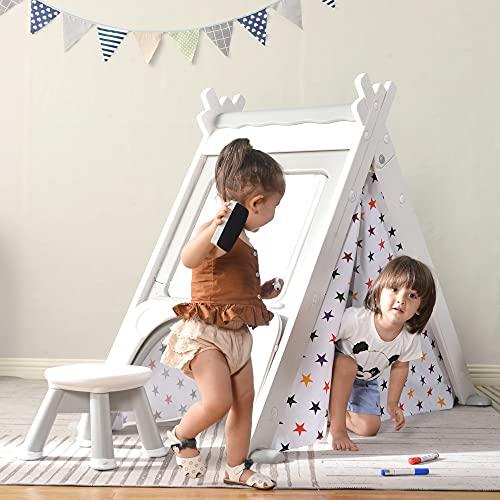 Merax Merax Foldable Triangle Climber, 4-in-1 Kids Hideaway Play Tent with Art Easel, Stool for Toddlers, Climbing Triangle Crawling Tunnel Toy Activity Play Set (White)