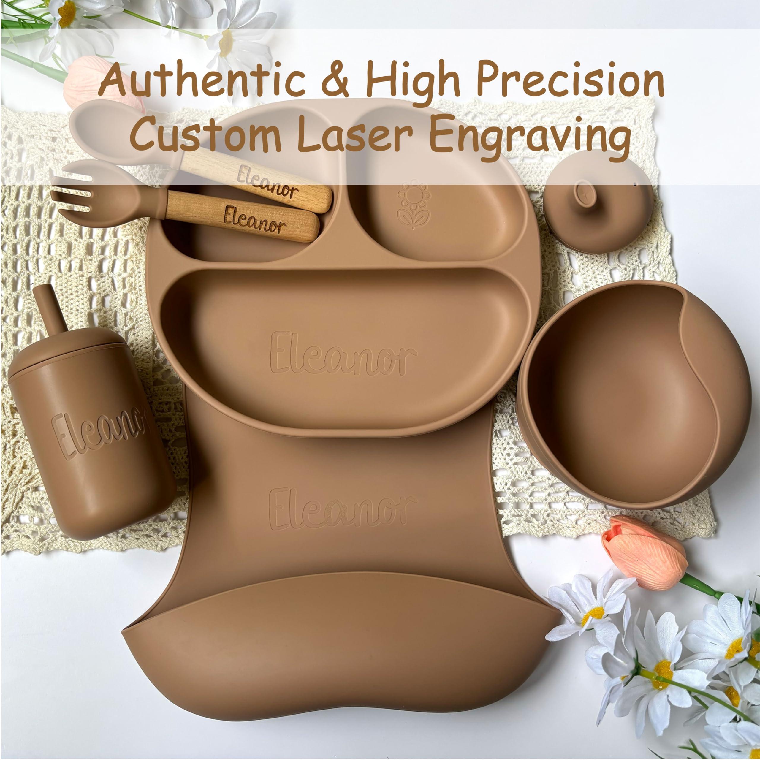 ToysCentral Basics Personalized Silicone Baby Weaning Set,Custom Weaning Set for Toddler,Baby Feeding SetSuction Plate Bowl Set, Self Feeding Spoons, Bib, Cup, Baby Led Weaning Supplies (Brown)