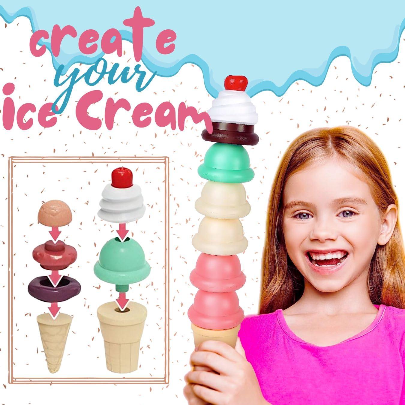 Liberty Imports 32 PCS Ice Cream Cart Toys for Toddlers, Kids Pretend Play Food Scoop & Serve Macaroon Dessert Set, Kitchen Accessories Icecream Shop Wagon