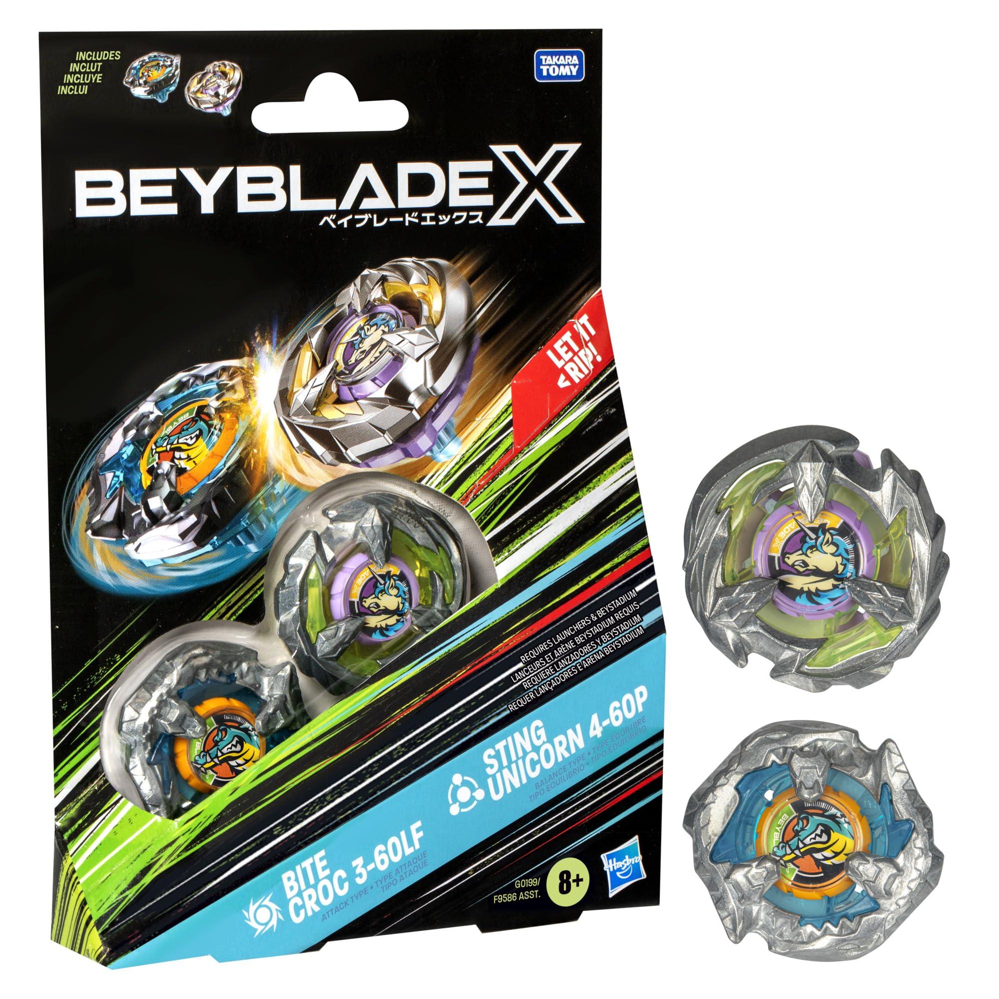 Beyblade Beyblade X Bite Croc 3-60LF and Sting Unicorn 4-60P Dual Pack Set with 2 Right-Spinning Tops; Battling Top Toys for 8 Year Old Boys and Girls