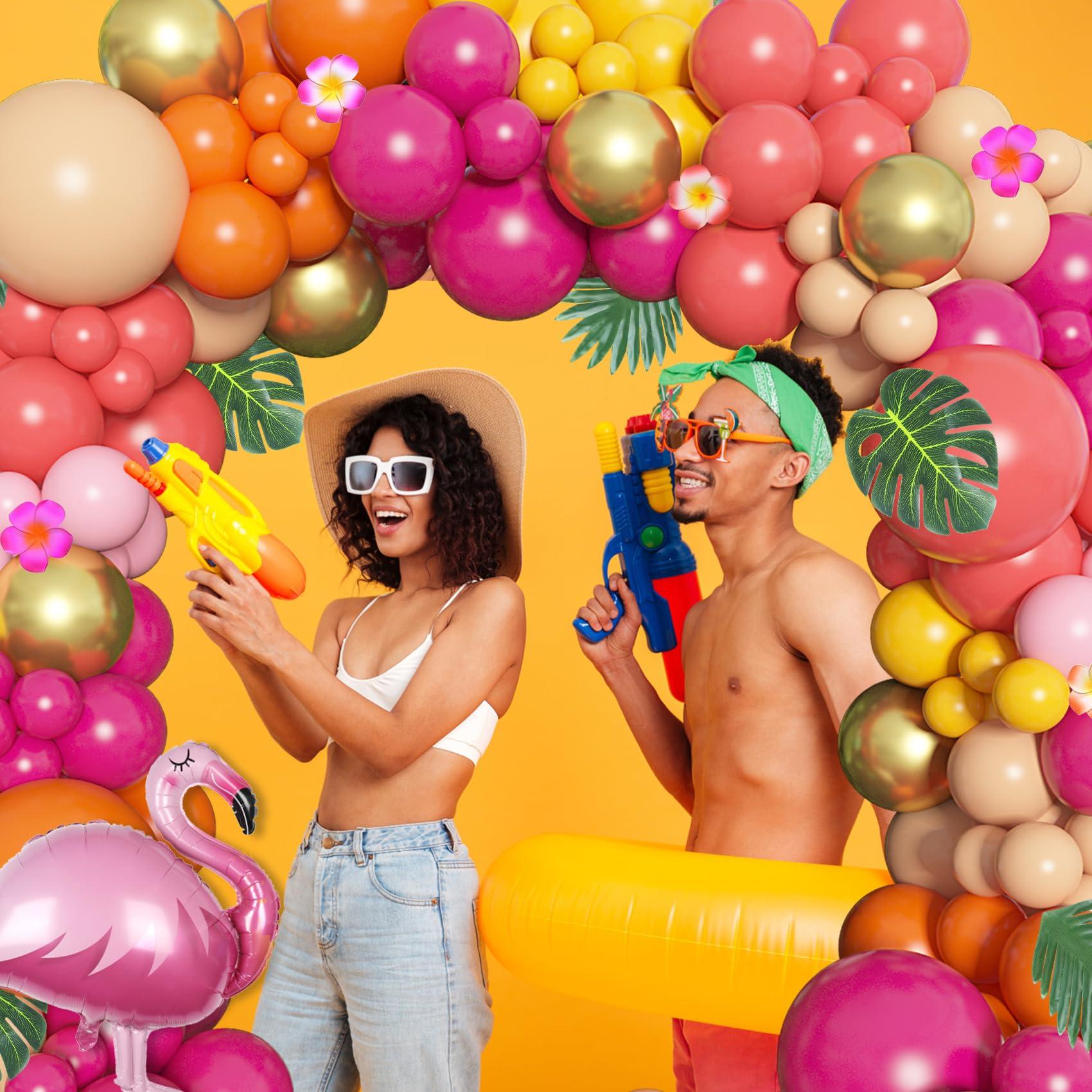 Ouddy Life Ouddy Life 178Pcs Tropical Balloons Arch Garland Kit, Luau Tropical Party Decorations with Aloha Pineapple Coconut Hot Pink Aqua Blue Balloons & Palm Leaves for Hawaiian Summer Birthday Supplies