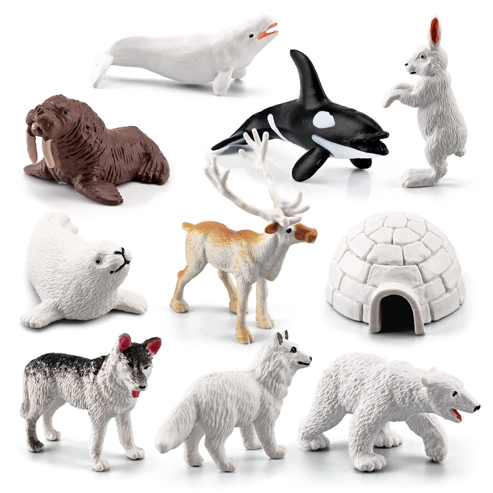SCAHOW 10 PCS Arctic Animals Figures, Polar Animals Figurines for Diorama School Project, Arctic Tundra Animal Toys Set with Polar Bear Deer Arcitc Fox Wolf