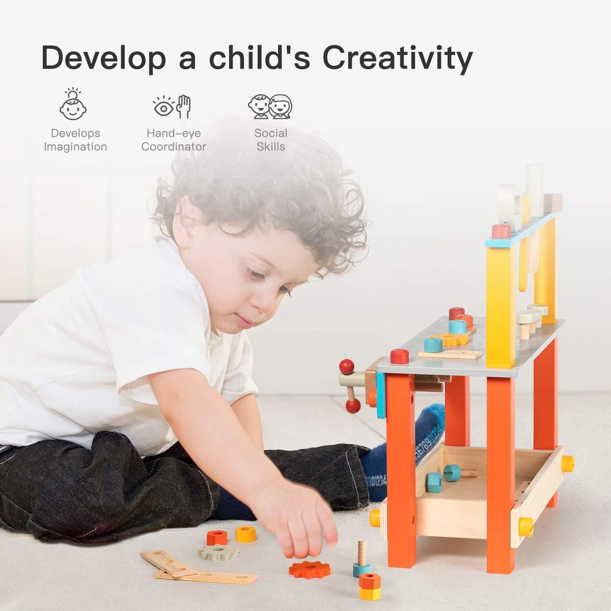 yoptote Mini Wooden Play Tool Workbench Set for Kids & Toddlers,Building Pretend-Play-Toys with Wrench,Screwdriver,Miter Saw and Hammer,Birthday for Boys Girls 3 Year Old and Up