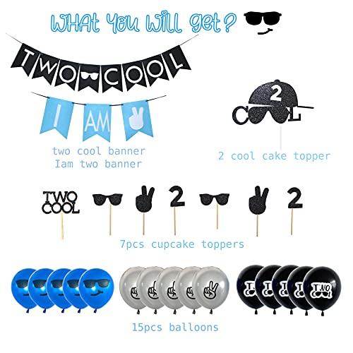 PATYFEIR Two Cool Birthday Party Decorations Supplies, Two Cool Banner Cake Topper, I AM TWO Banner, Two Cool Balloons for Little Man Sunglasses 2nd Birthday Boy Party Supplies Decoration