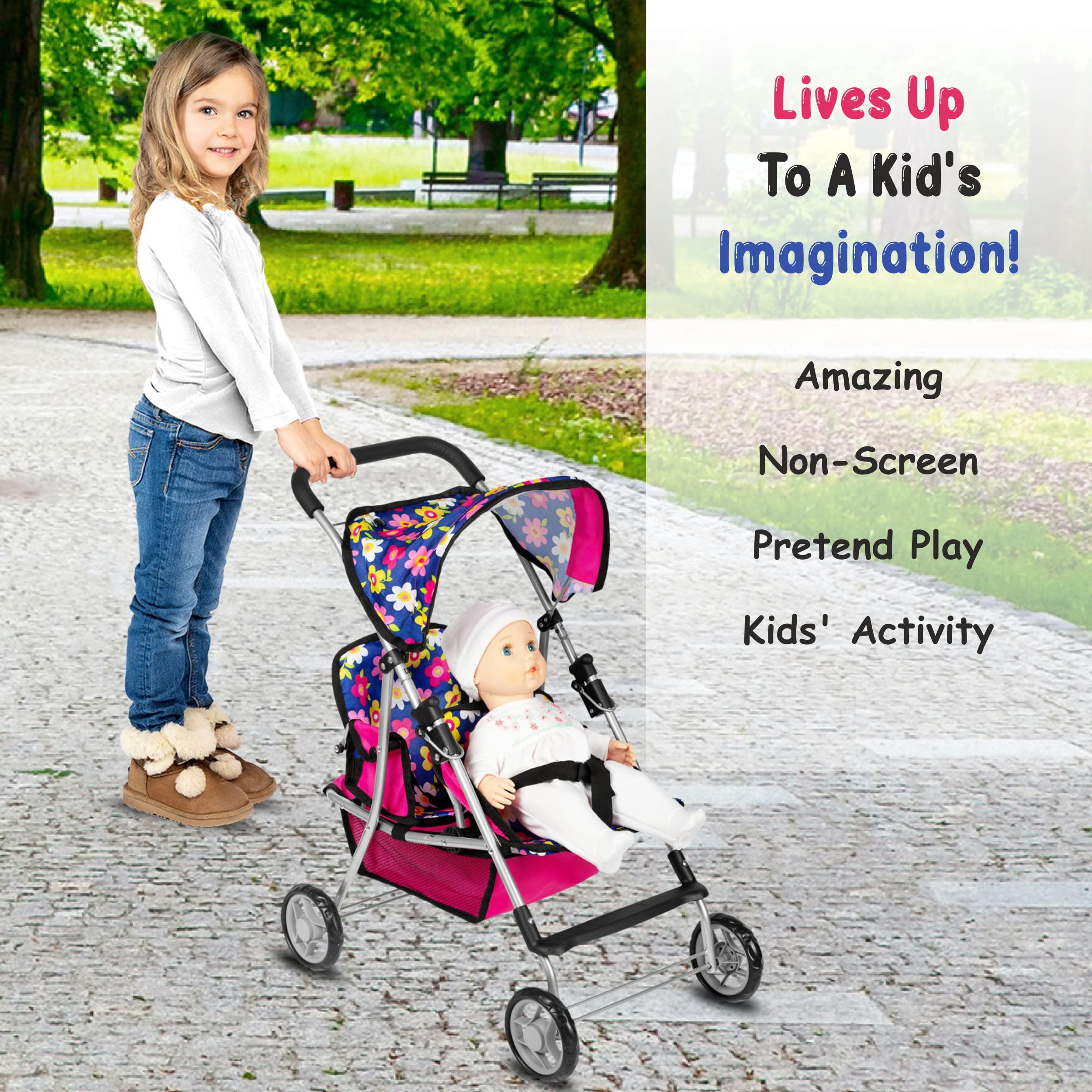 fash n kolor fash n kolor Twin Baby Doll Stroller - Pretend Play Baby Stroller for Dolls - Toy Stroller with Storage Basket for Baby Doll Accessories Set - Flower Design Baby Stroller Toy for Kids - Folds Easily