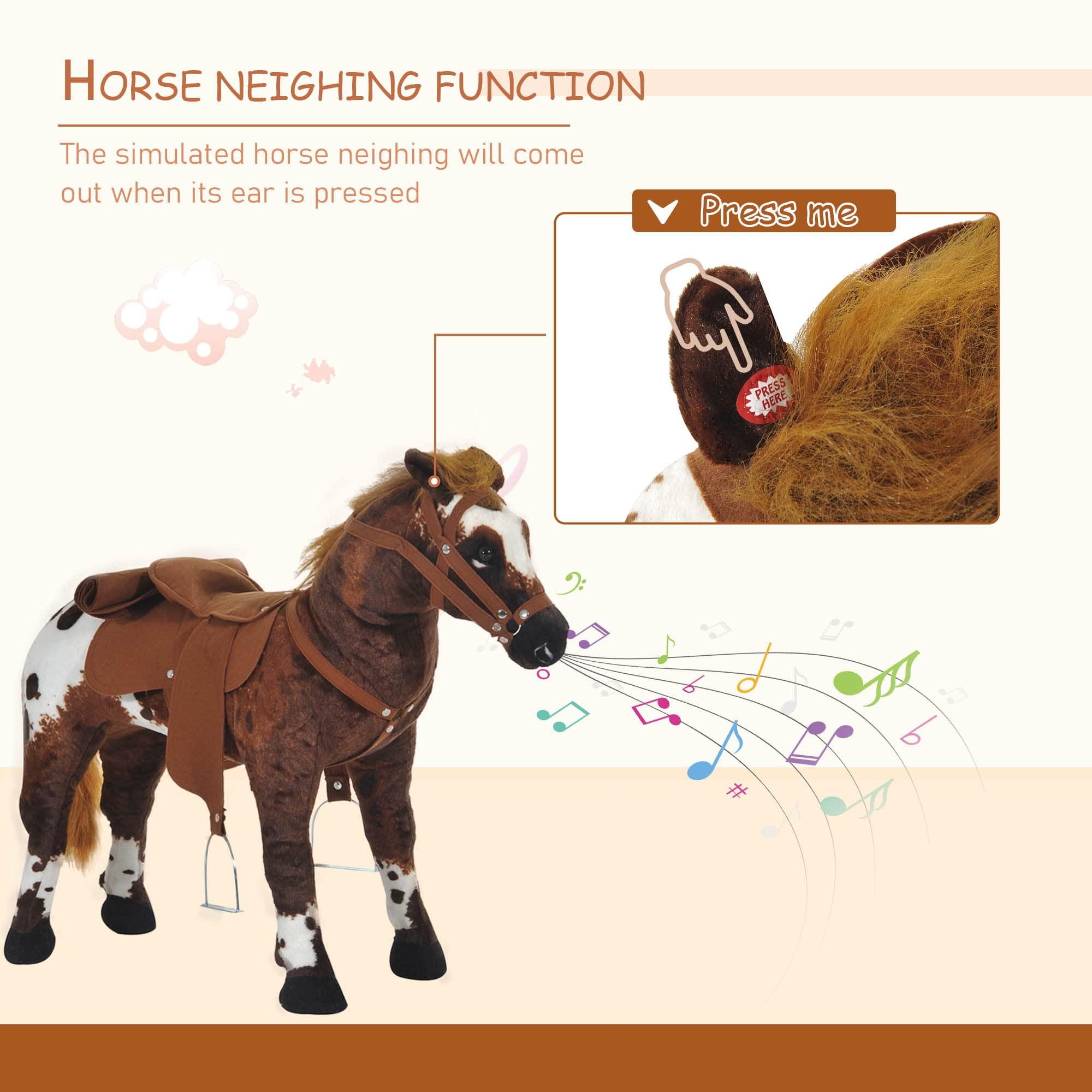Qaba Qaba Sound-Making Ride On Horse for Toddlers 3-5, with Neighing and Galloping Sound, Stuffed Animal Horse Toy for Kids with Padding, Soft Feel, Brown