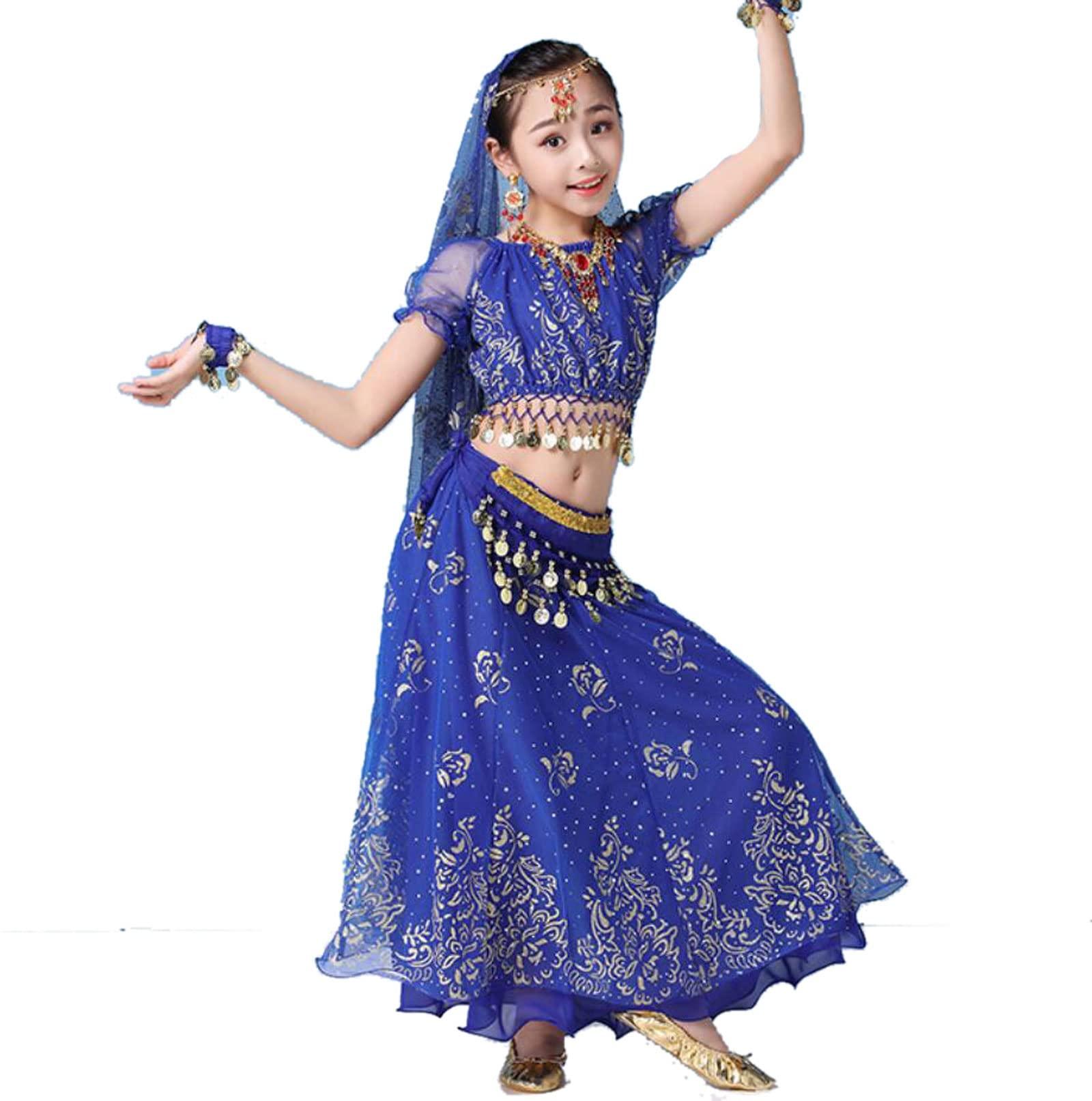 OTMYIGO OTMYIGO 5Pcs/Set Belly Dance Costume Set Oriental Costumes Girl Egypt Bollywood Indian Dancing Clothing India Dresse,Blue,L