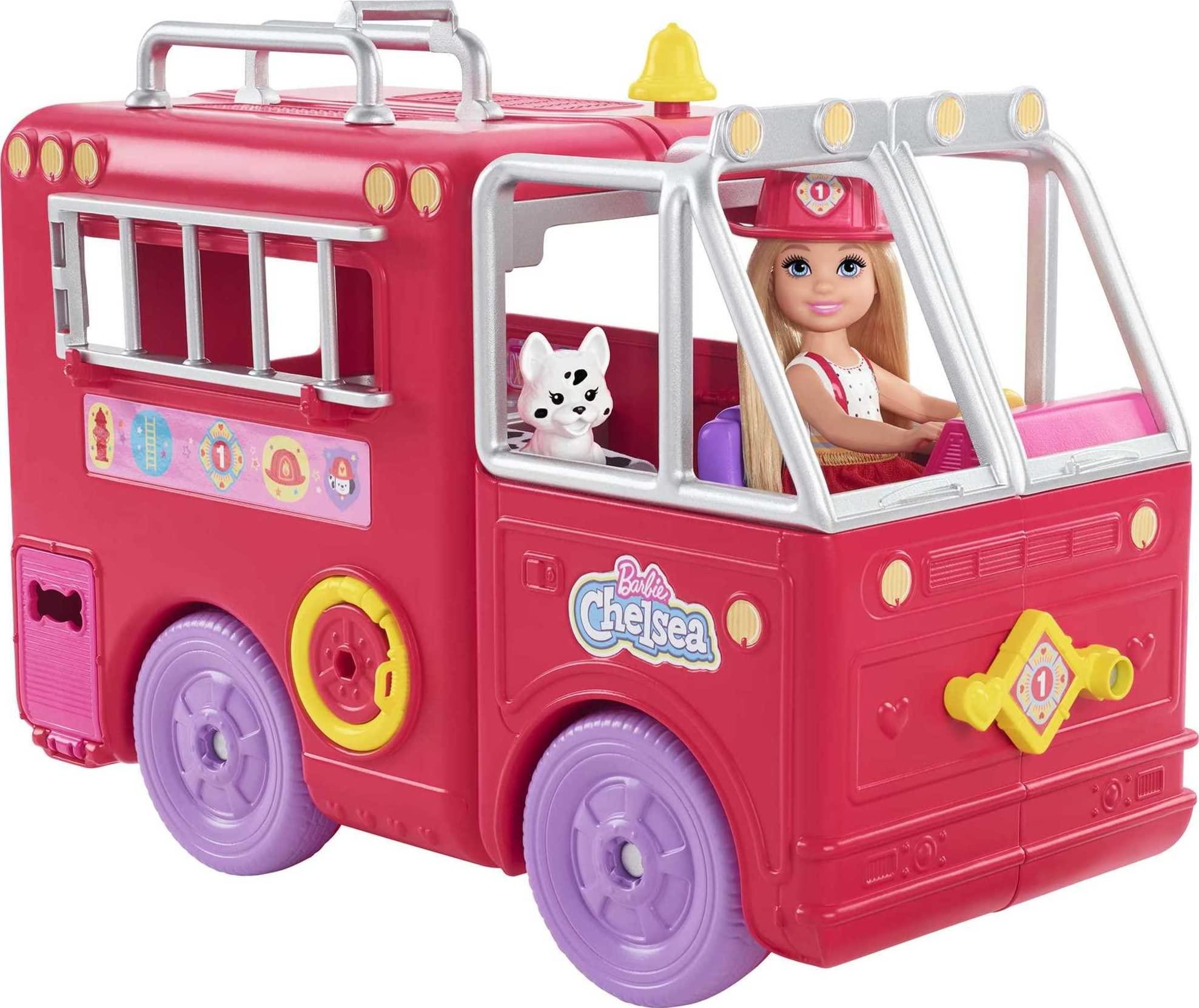 Barbie Barbie Chelsea Can Be Doll & Toy Fire Truck Playset with Blonde Small Doll, 2 Pets & 15+ Accessories, Open for Fire Station