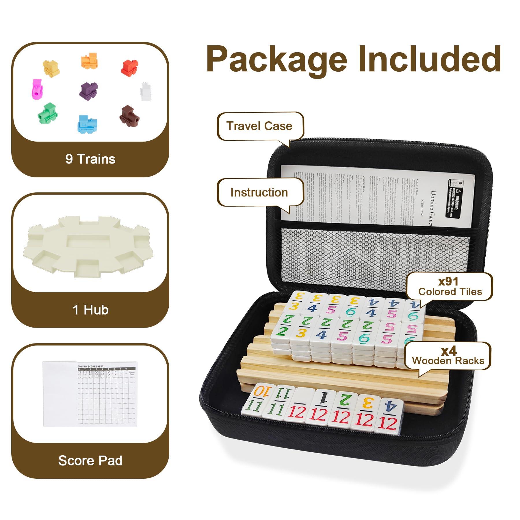 uvcany uvcany Travel Edition - Mexican Train Dominoes Set with Numbers and 4 Wooden Racks, 91 Tiles Travel Double 12 Dominos Game Set with Portable Case for Families Kids
