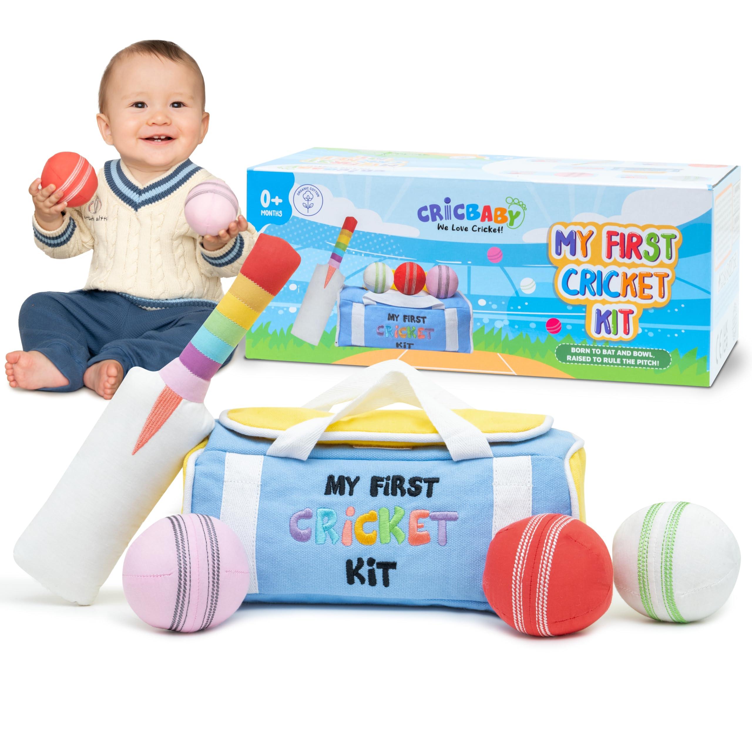CRICBABY CRICBABY My First Cricket Kit | Organic Soft Plush Toy | Gift Baby and Infant 0-2 Years | 3 Soft Sensory Cricket Balls-Rattle, Crinkle, Squeaker & 1 Rainbow Rattle Cricket Bat | Safe, Fun, Educational