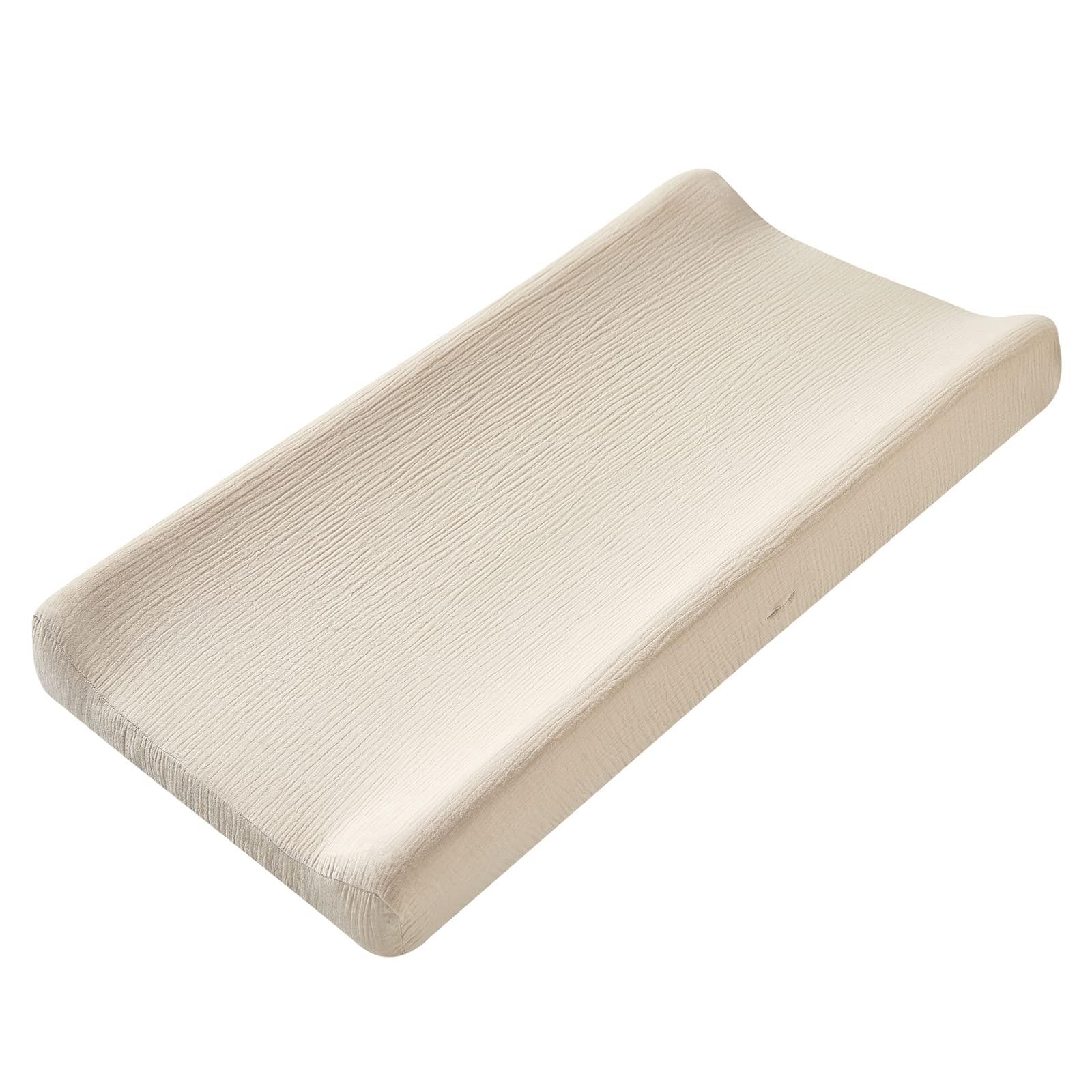 Aullar Solid Muslin Changing Table Pad Cover Cradle Sheet, Fits 32"/34''x16 Contoured Diaper Changing Pad, Ultra Soft Cozy Muslin Cotton Changing Table Covers, Breathable Wipeable Removable (Sand)