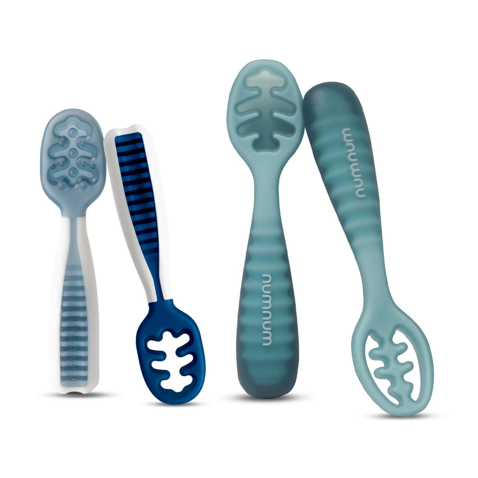 NumNum NumNum Baby Spoons Set, Baby Essentials Pre-Spoon GOOtensils for 6+ Months, First Stage Self-Feeding Spoons for Baby Led Weaning (BLW), Silicone Toddler Utensils, BPA-Free, 4 Pack Blue