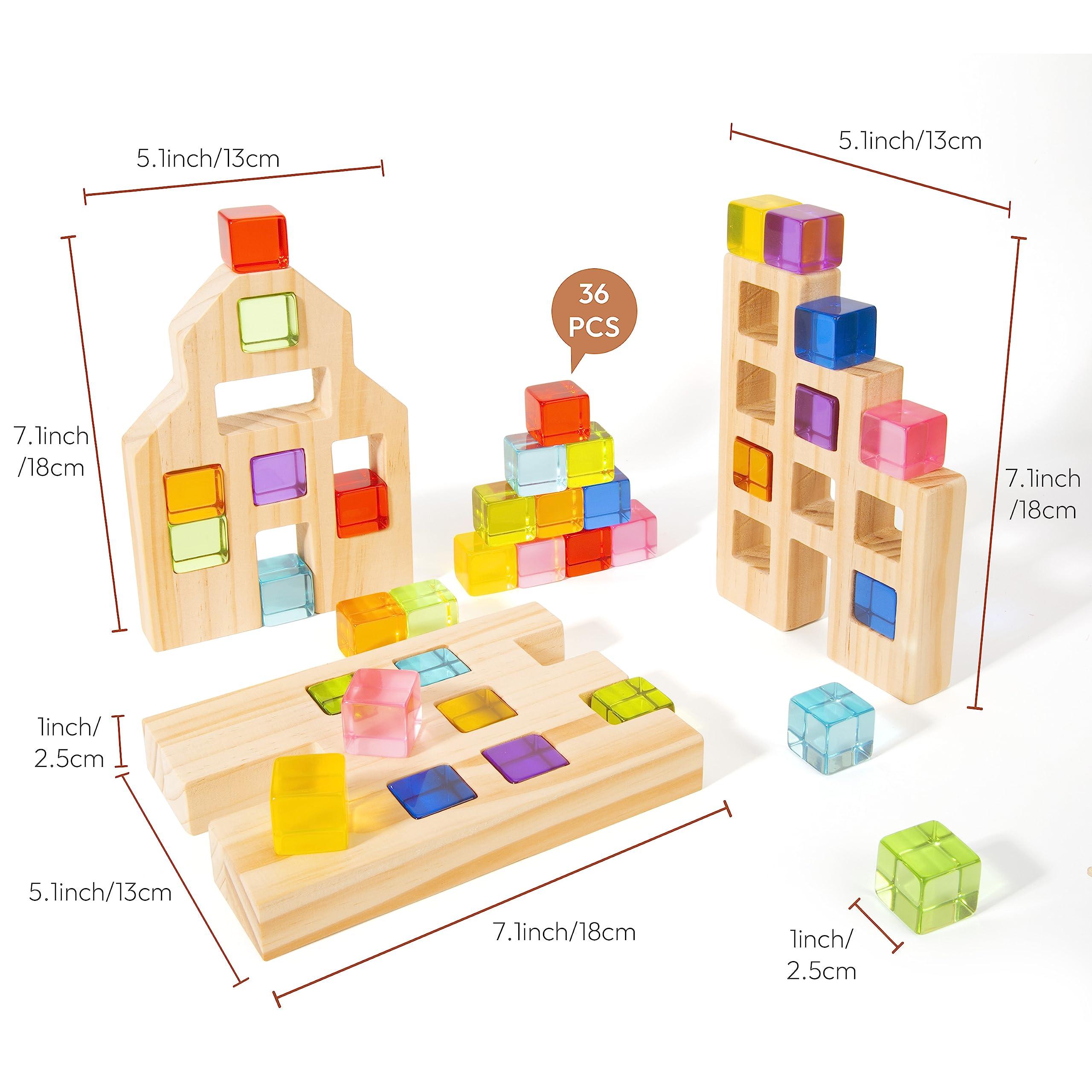 Woodtoe Woodtoe Wooden Building Blocks Set for Kids, 36 PCS Rainbow Acrylic Gem Cubes Blocks - 3 Wood House, Montessori Stacking Toy for Toddlers, Educational STEM Toys Birthday for Boys Girls 3-6